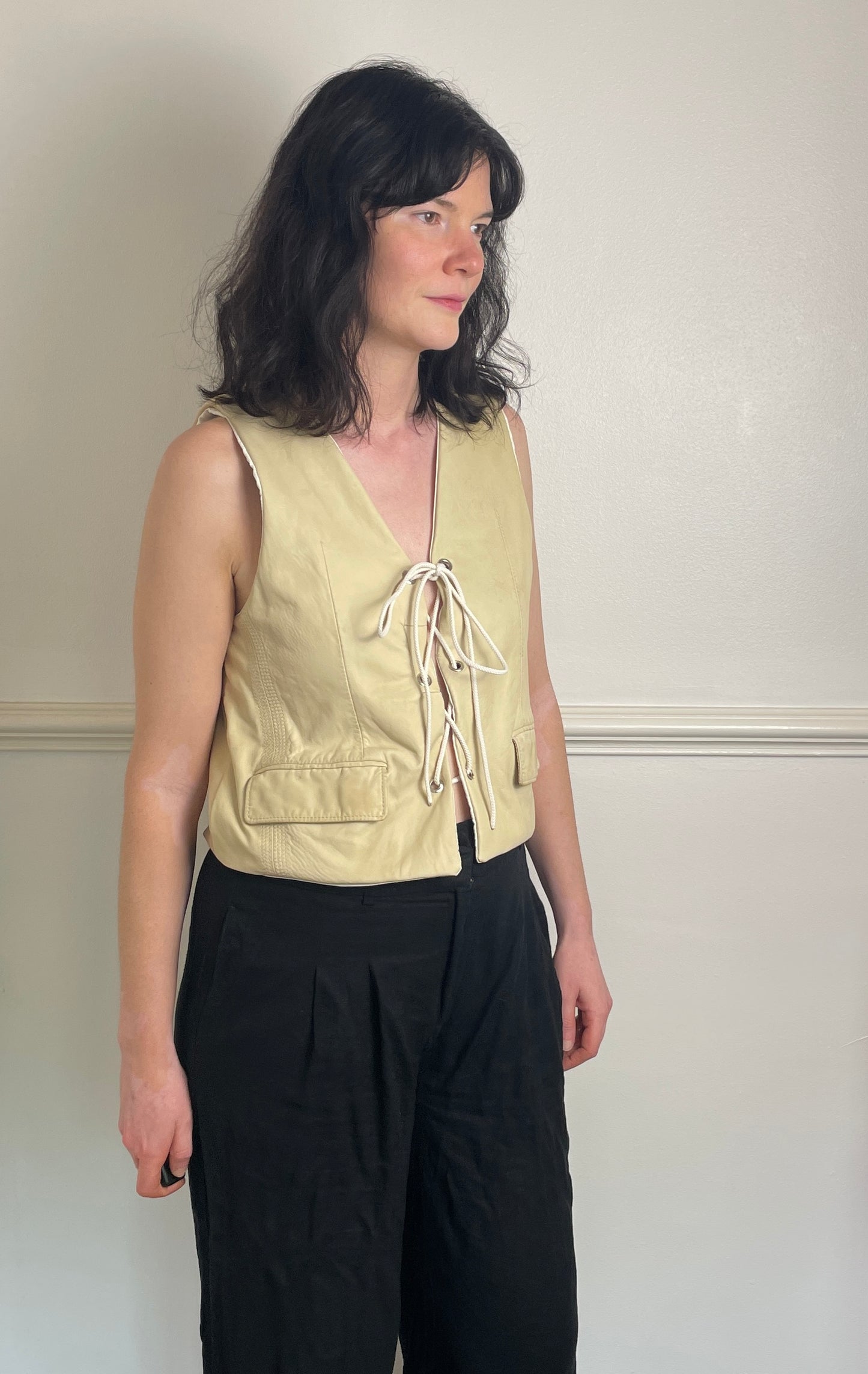 Handmade Beige Leather Lace Up Sleeveless Vest Top - Size 10