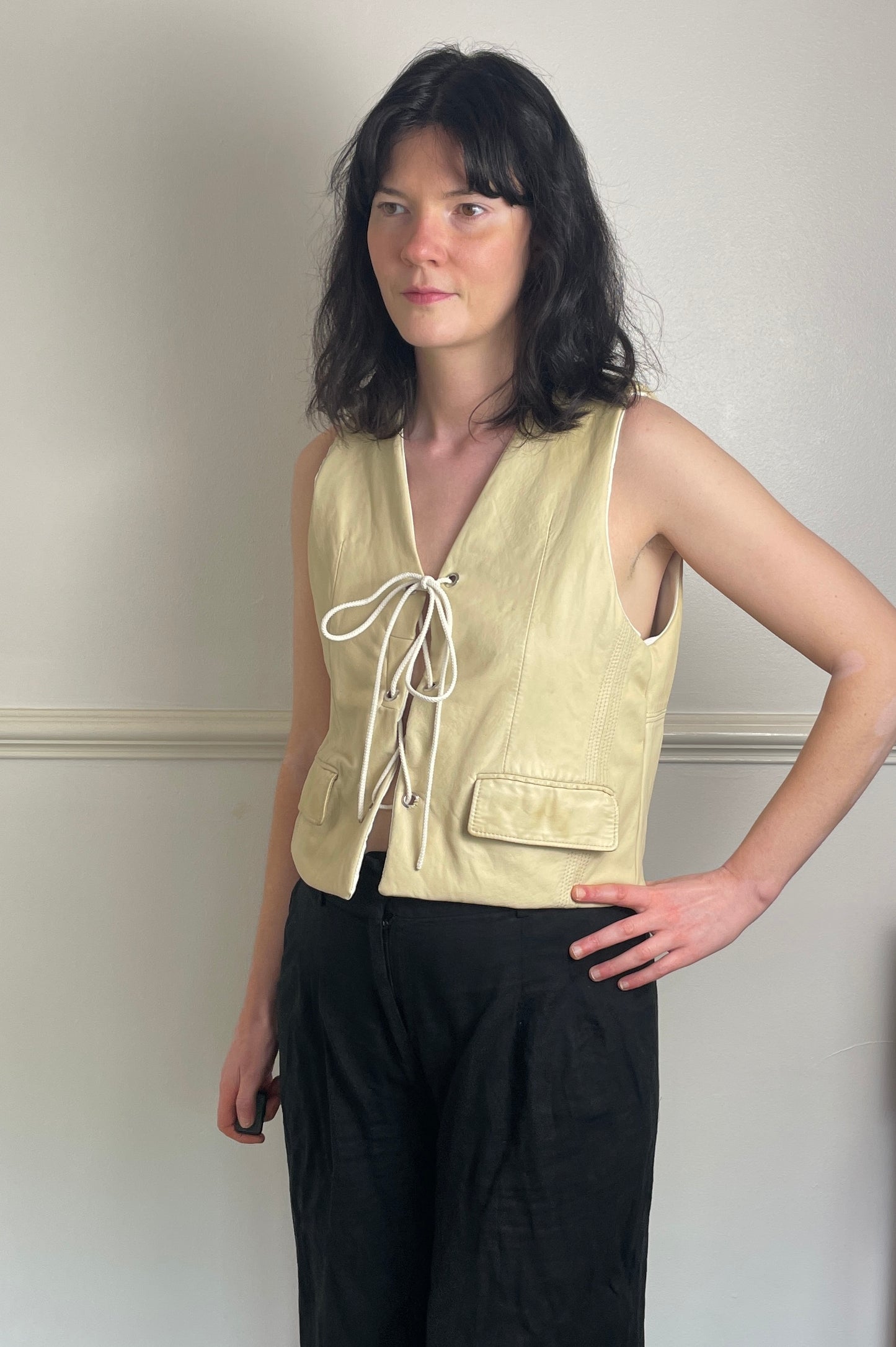 Handmade Beige Leather Lace Up Sleeveless Vest Top - Size 10