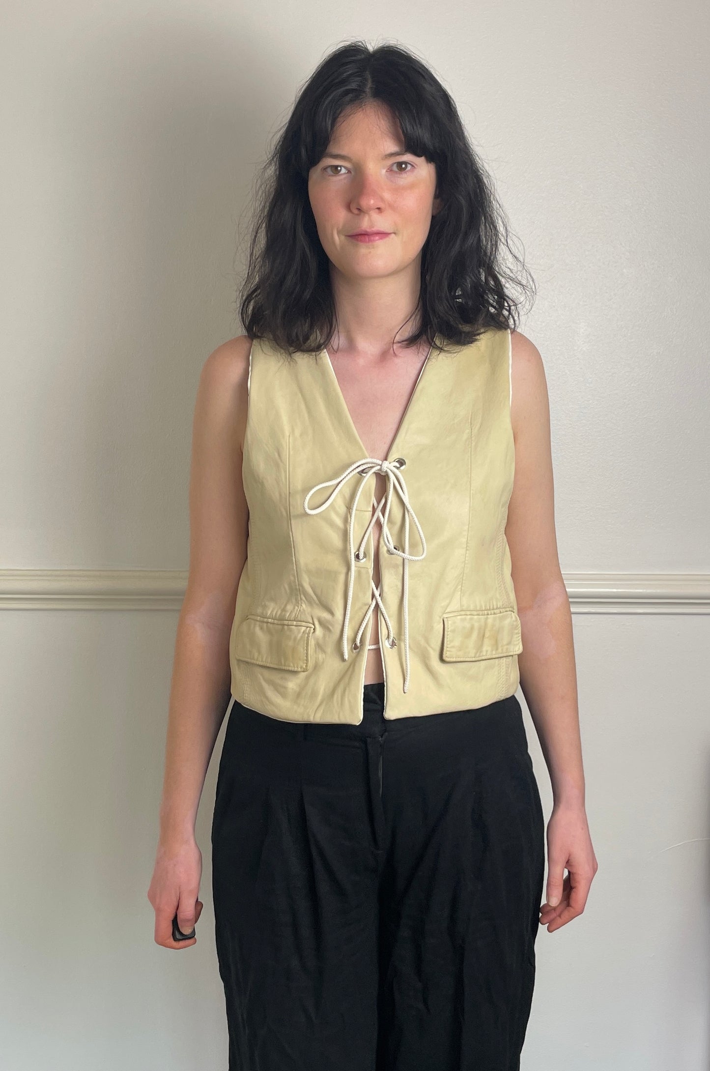 Handmade Beige Leather Lace Up Sleeveless Vest Top - Size 10