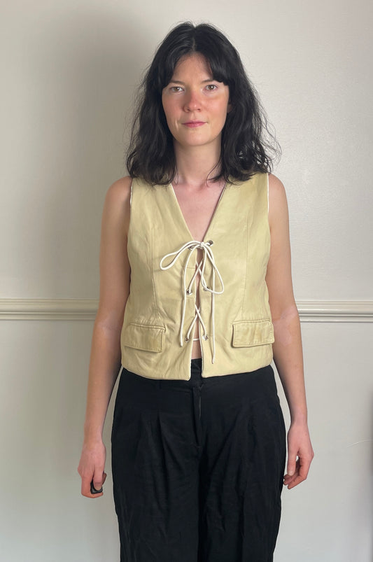 Handmade Beige Leather Lace Up Sleeveless Vest Top - Size 10