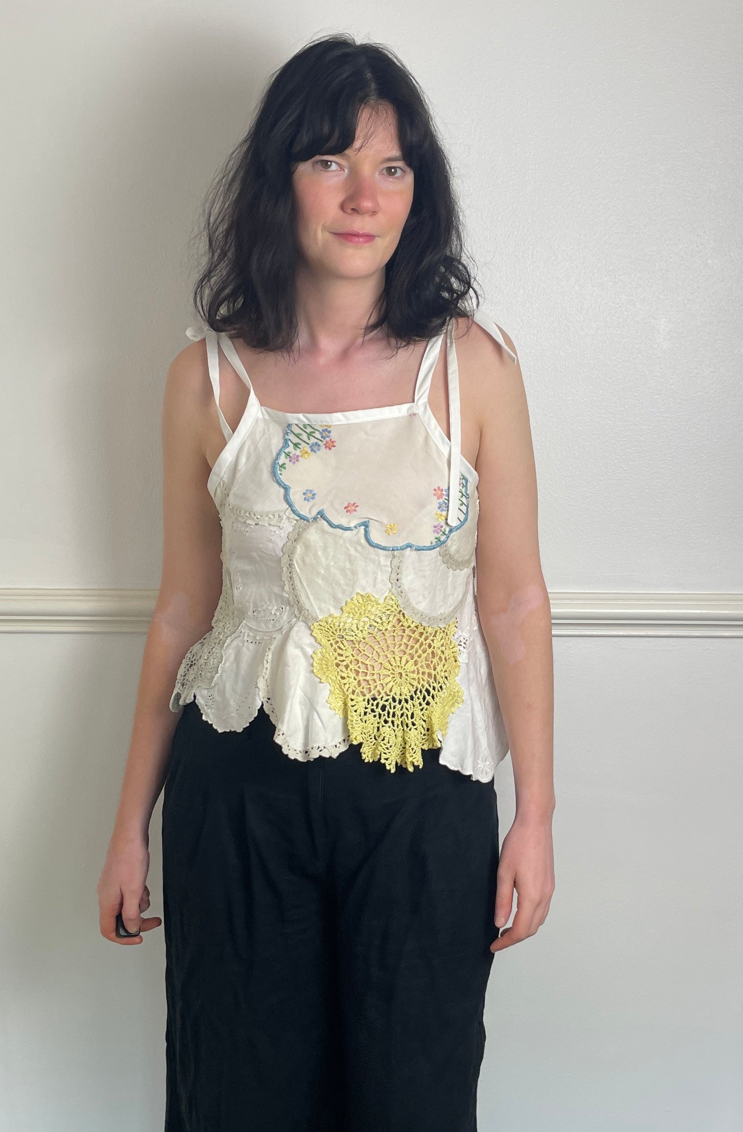 Handmade White Patchwork Floral Embroidered Tie Shoulder Sleeveless Top - Size 10