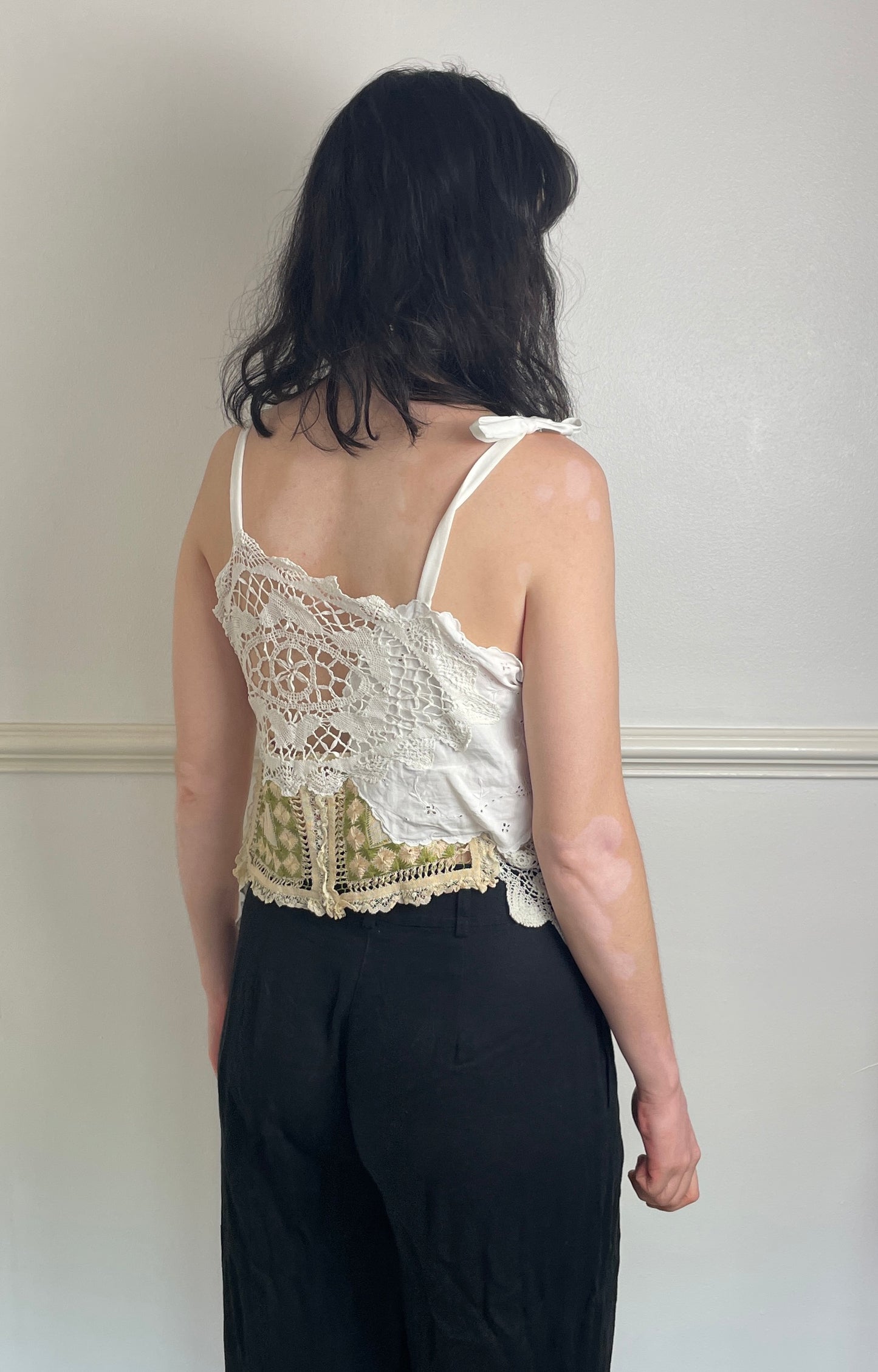 Handmade White Patchwork Floral Embroidered Tie Shoulder Sleeveless Top - Size 10