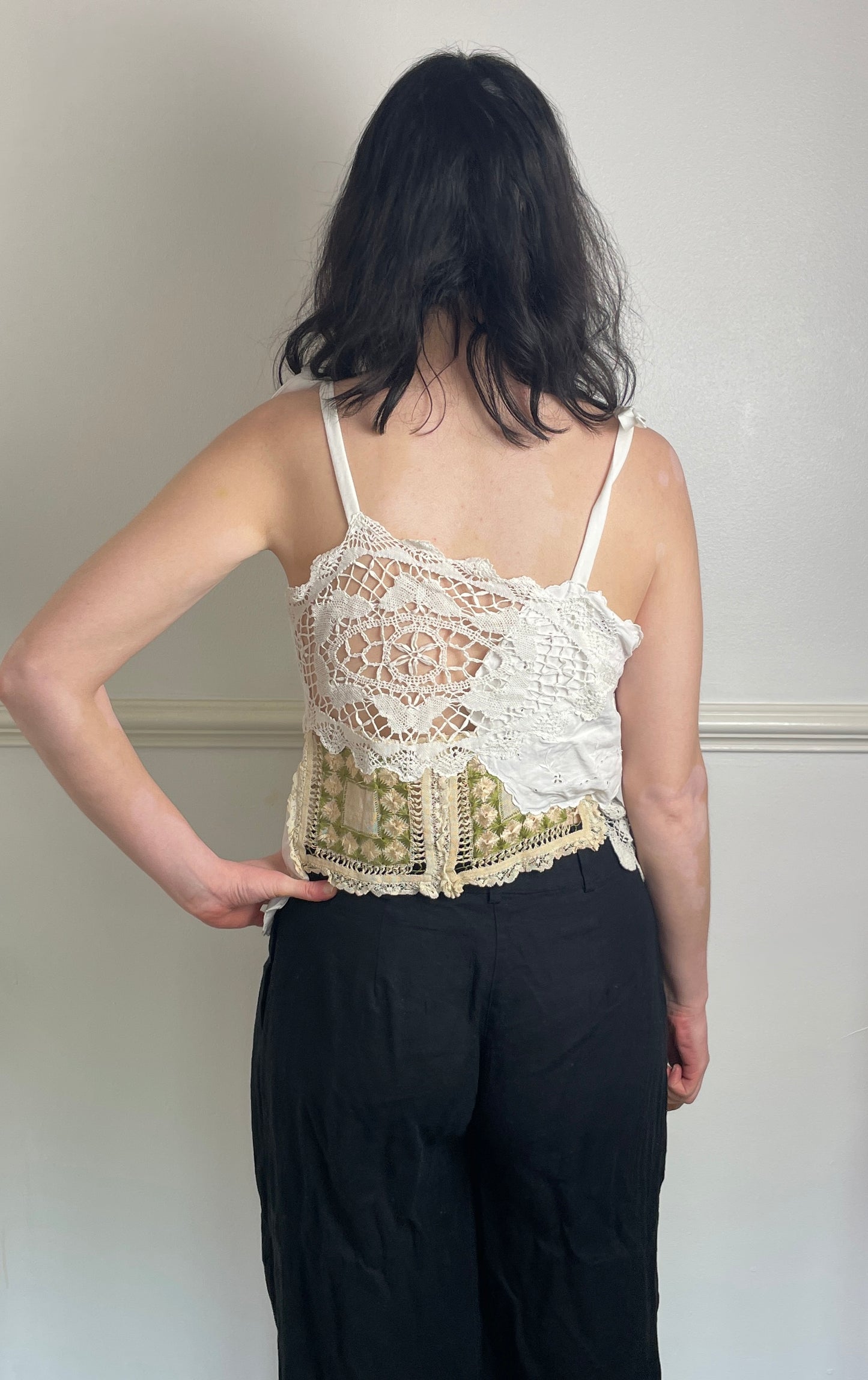 Handmade White Patchwork Floral Embroidered Tie Shoulder Sleeveless Top - Size 10