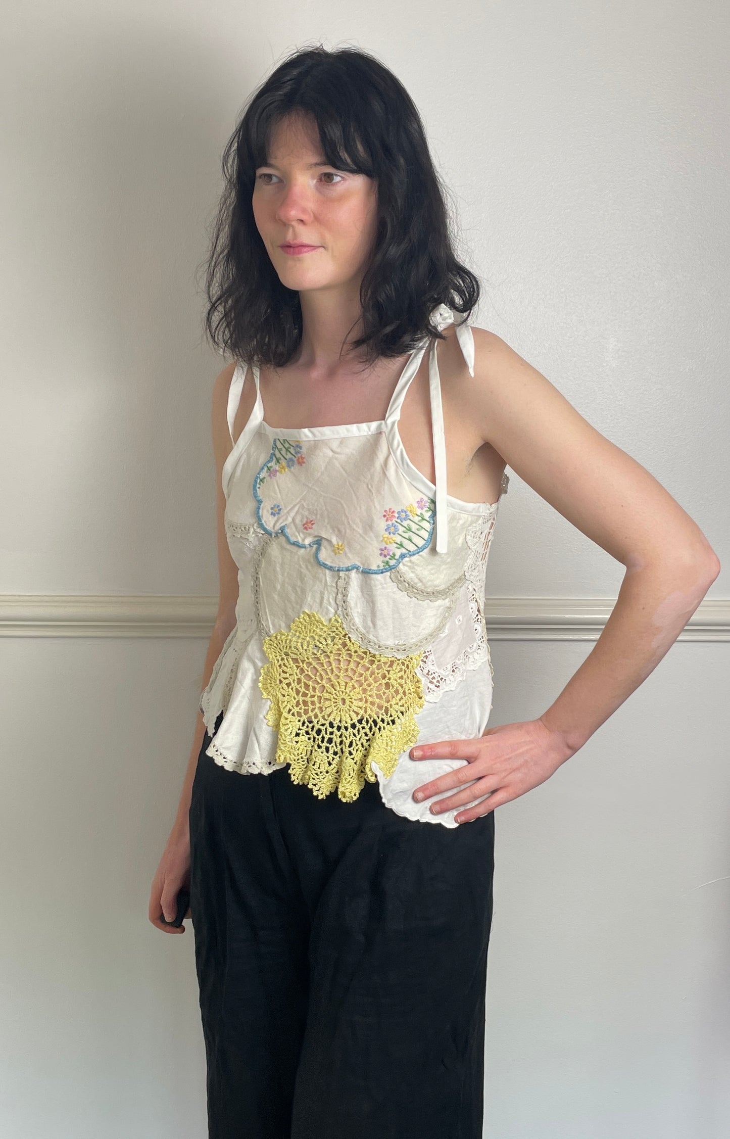 Handmade White Patchwork Floral Embroidered Tie Shoulder Sleeveless Top - Size 10