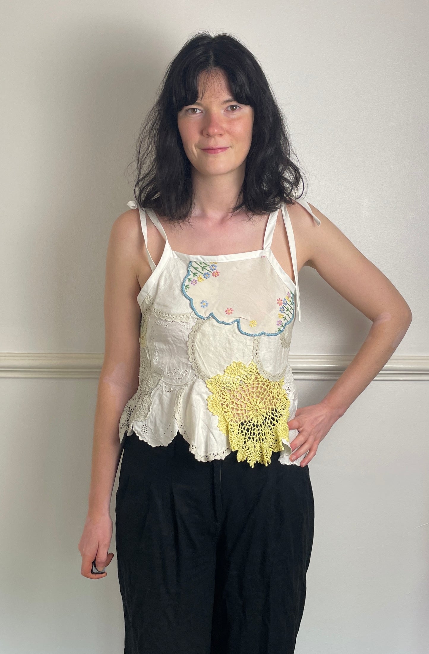 Handmade White Patchwork Floral Embroidered Tie Shoulder Sleeveless Top - Size 10