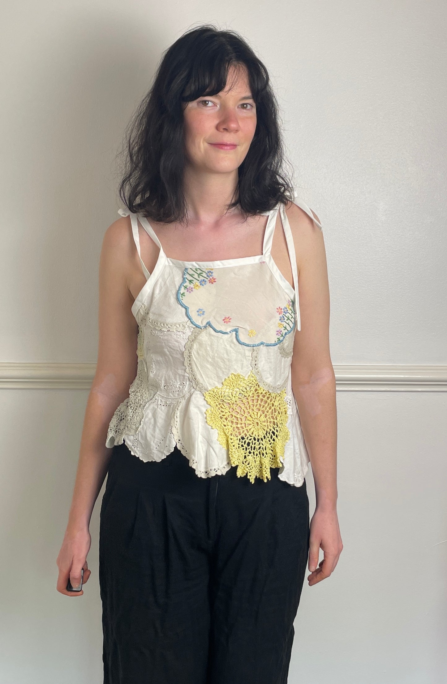 Handmade White Patchwork Floral Embroidered Tie Shoulder Sleeveless Top - Size 10