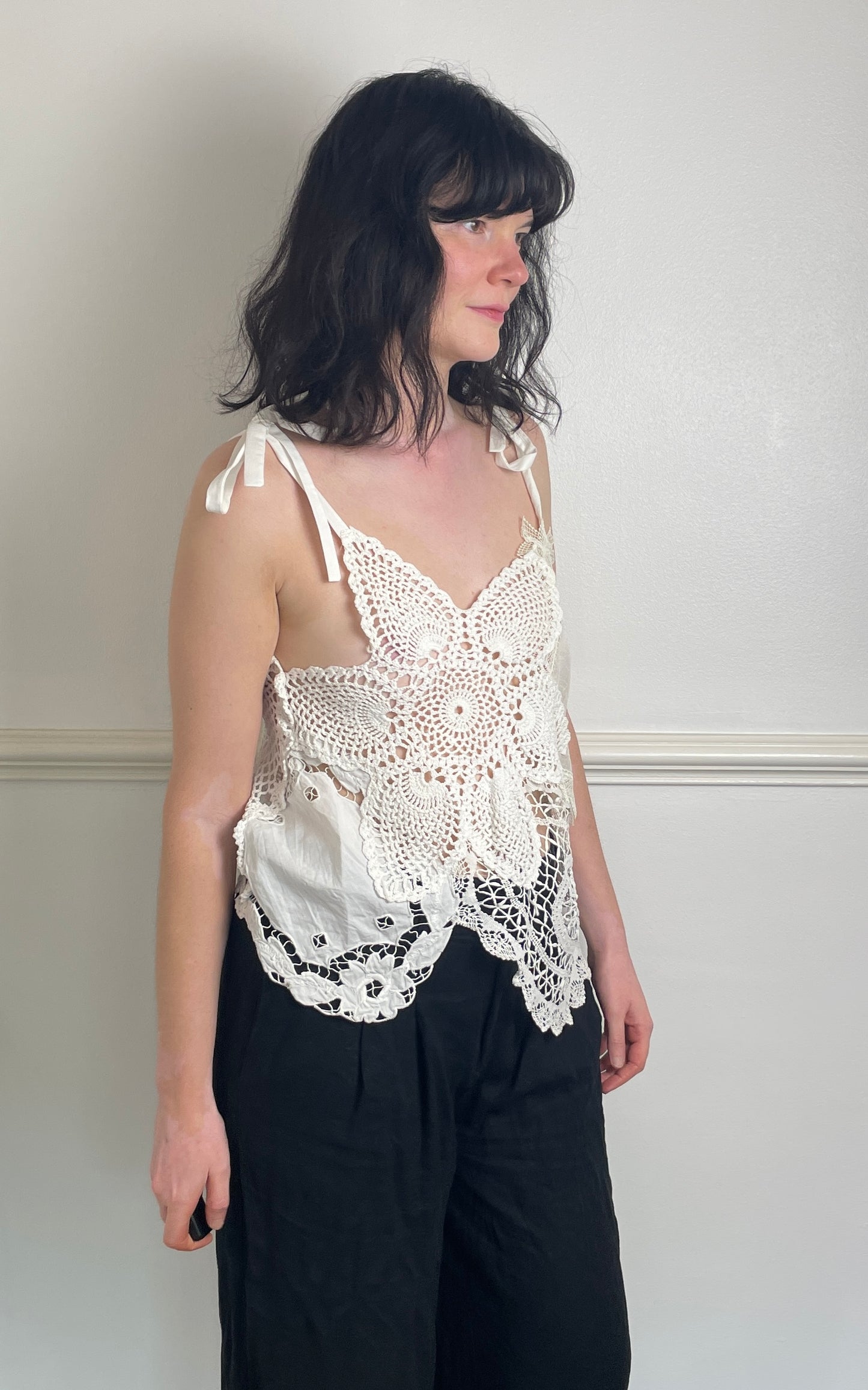 Handmade White Patchwork Crochet and Lace Tie Shoulder Sleeveless Top - Size 10