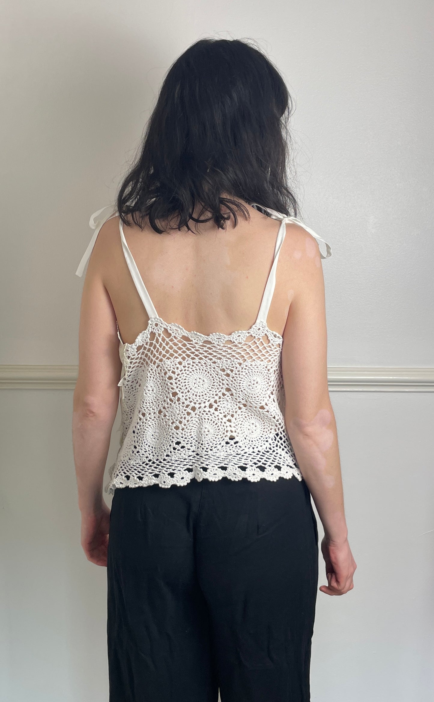 Handmade White Patchwork Crochet and Lace Tie Shoulder Sleeveless Top - Size 10