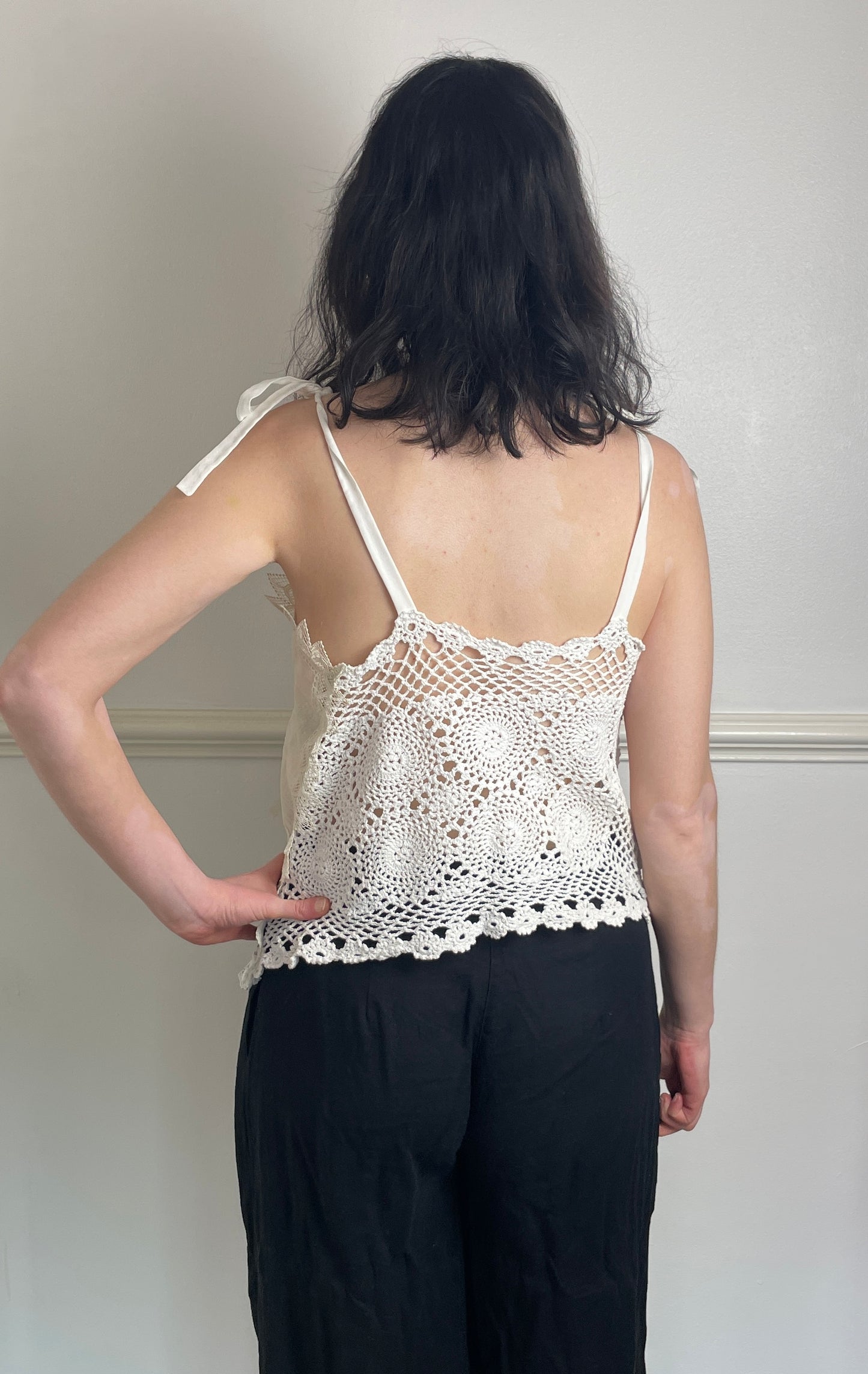 Handmade White Patchwork Crochet and Lace Tie Shoulder Sleeveless Top - Size 10