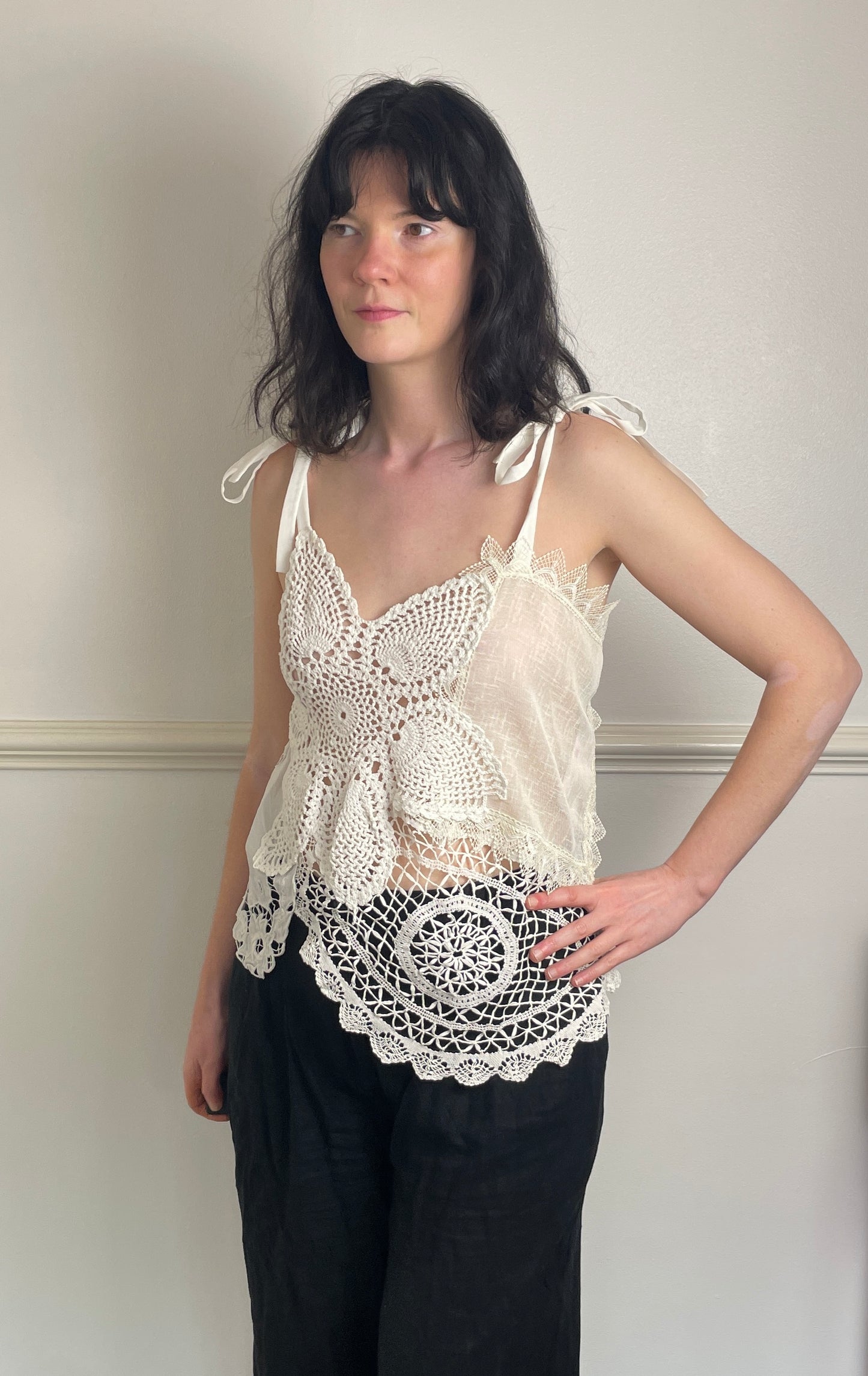 Handmade White Patchwork Crochet and Lace Tie Shoulder Sleeveless Top - Size 10
