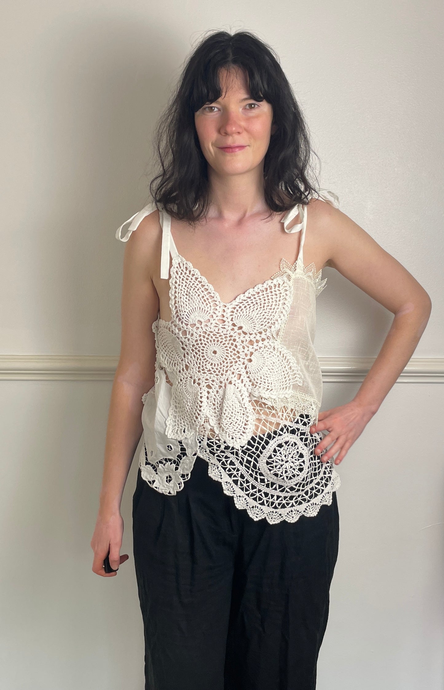 Handmade White Patchwork Crochet and Lace Tie Shoulder Sleeveless Top - Size 10