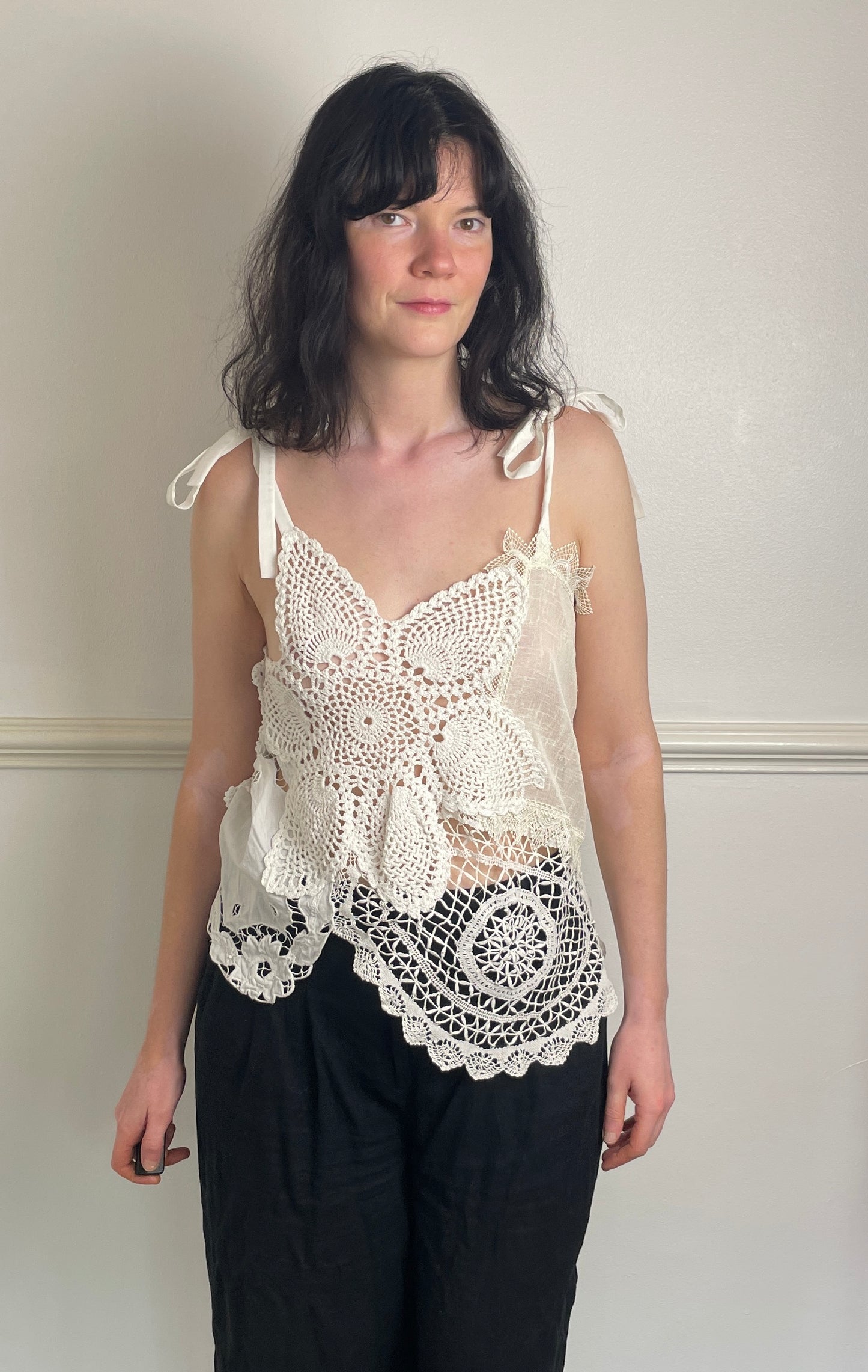 Handmade White Patchwork Crochet and Lace Tie Shoulder Sleeveless Top - Size 10