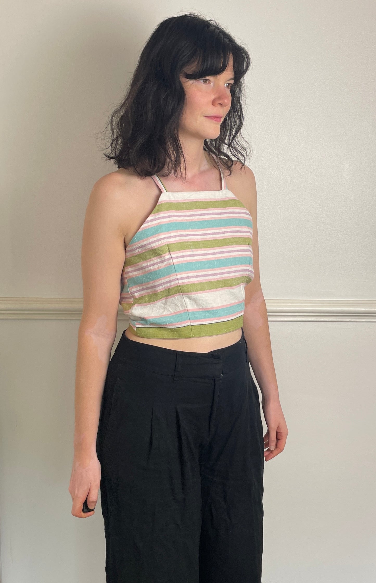 Handmade Pink Striped Cross Strap Tie Back Crop Top - Size 8
