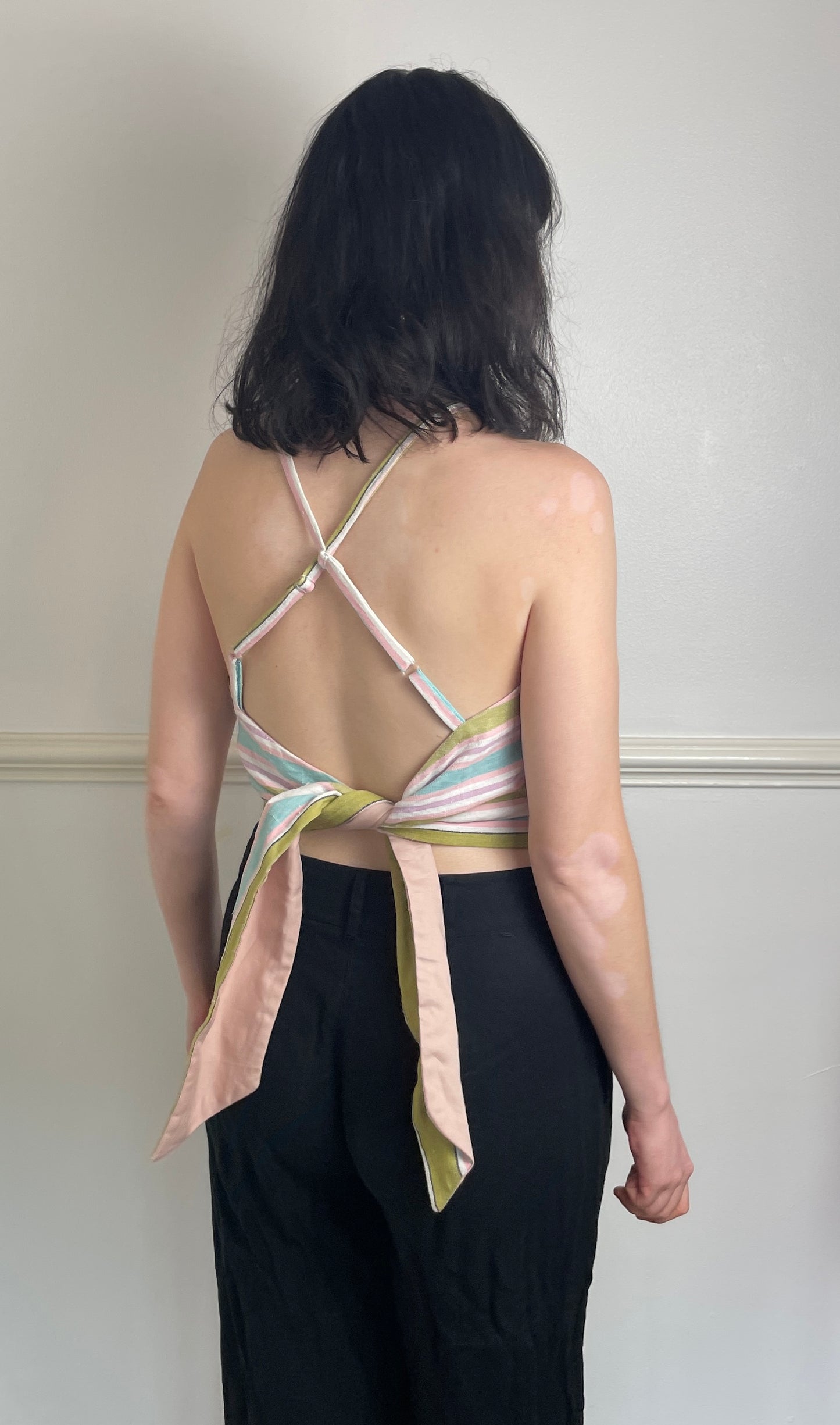 Handmade Pink Striped Cross Strap Tie Back Crop Top - Size 8