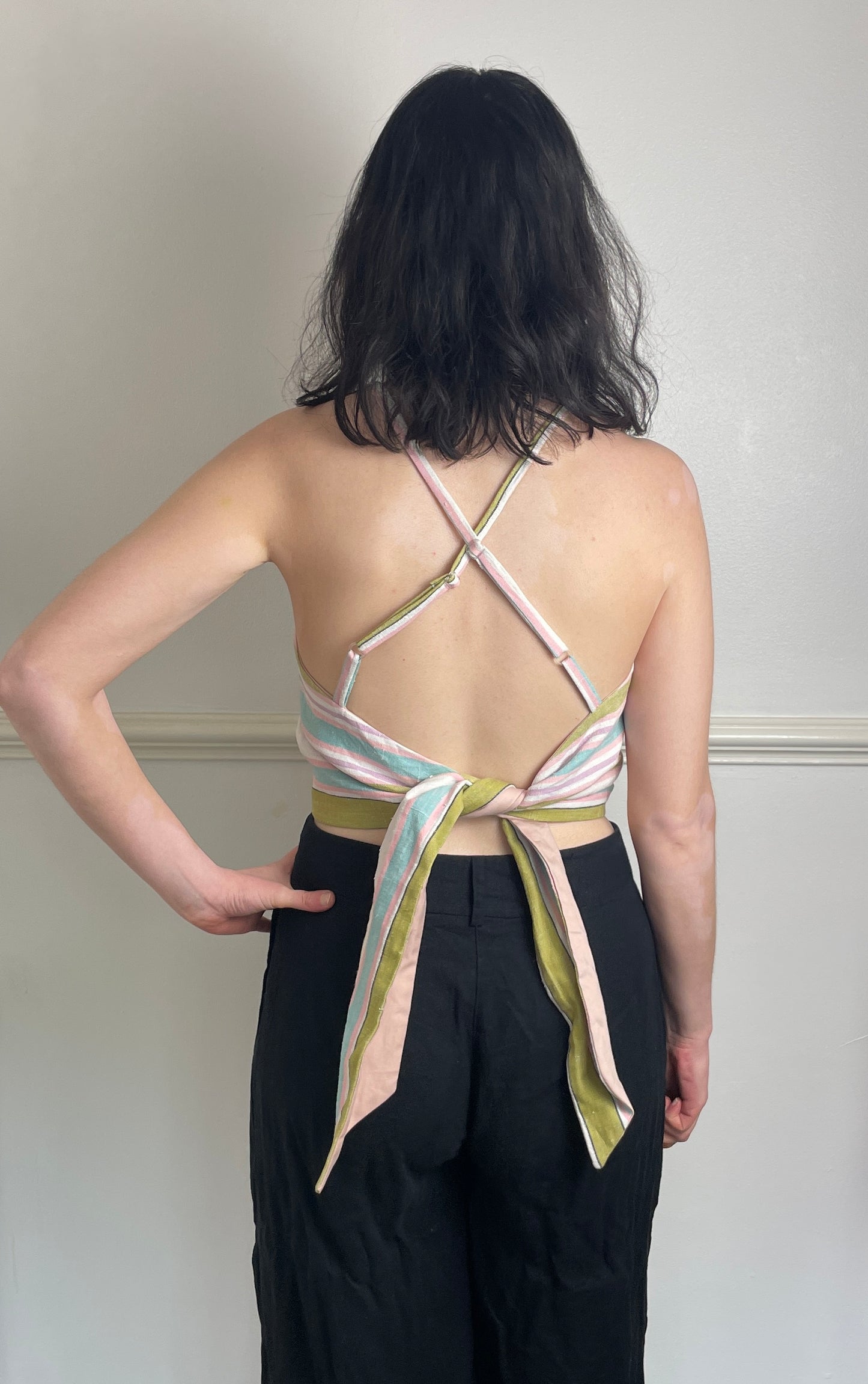Handmade Pink Striped Cross Strap Tie Back Crop Top - Size 8