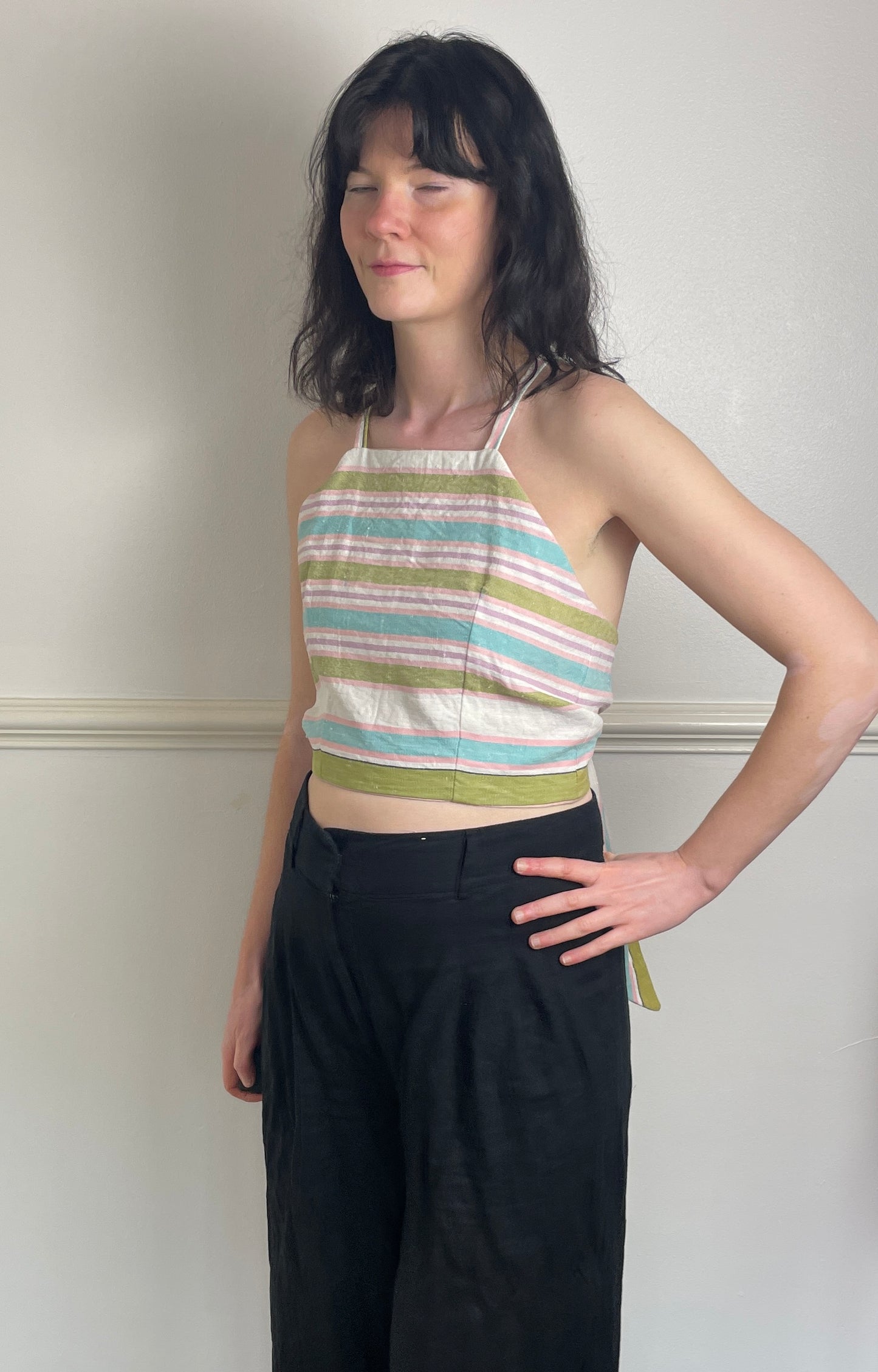 Handmade Pink Striped Cross Strap Tie Back Crop Top - Size 8