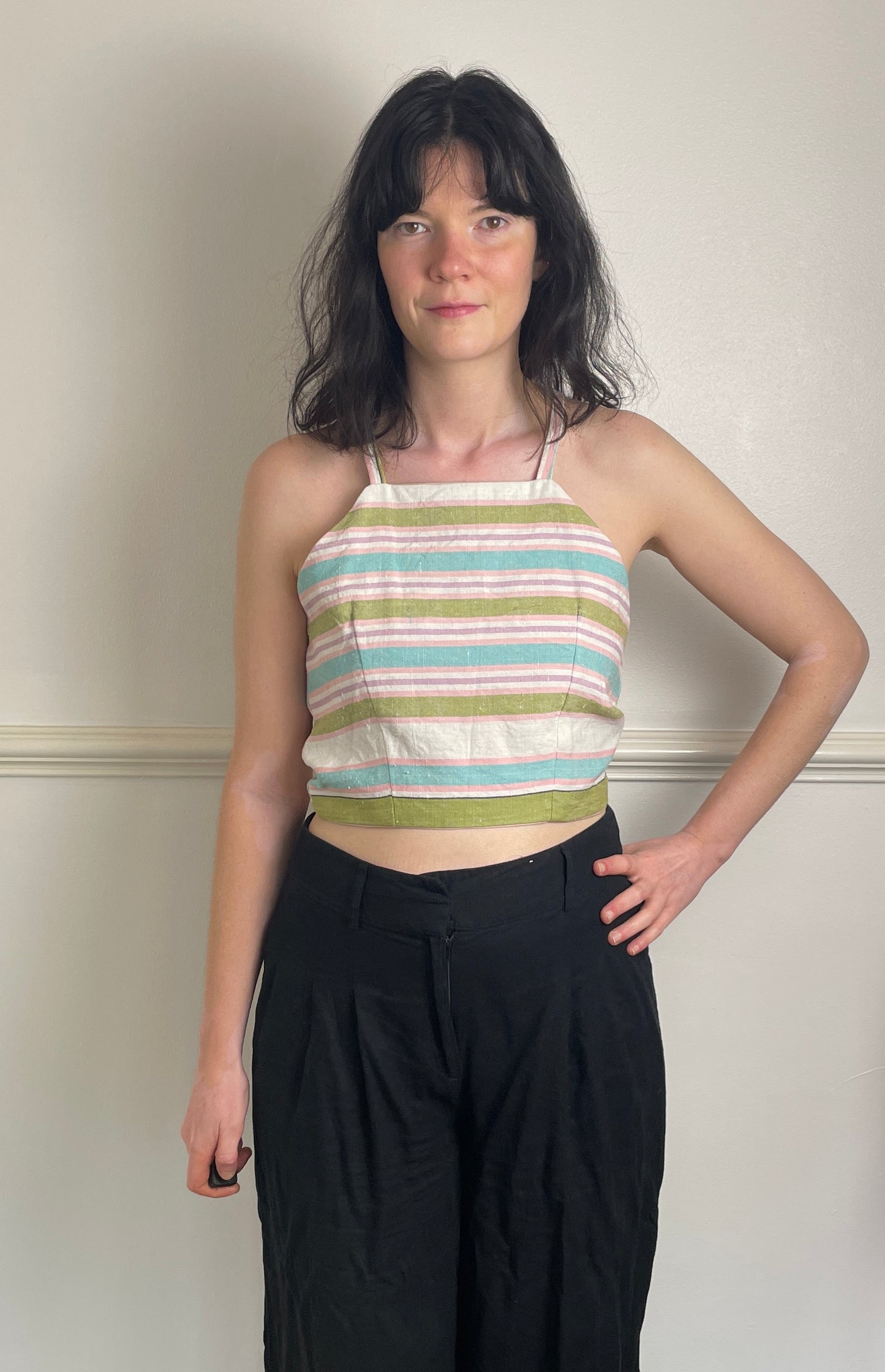 Handmade Pink Striped Cross Strap Tie Back Crop Top - Size 8