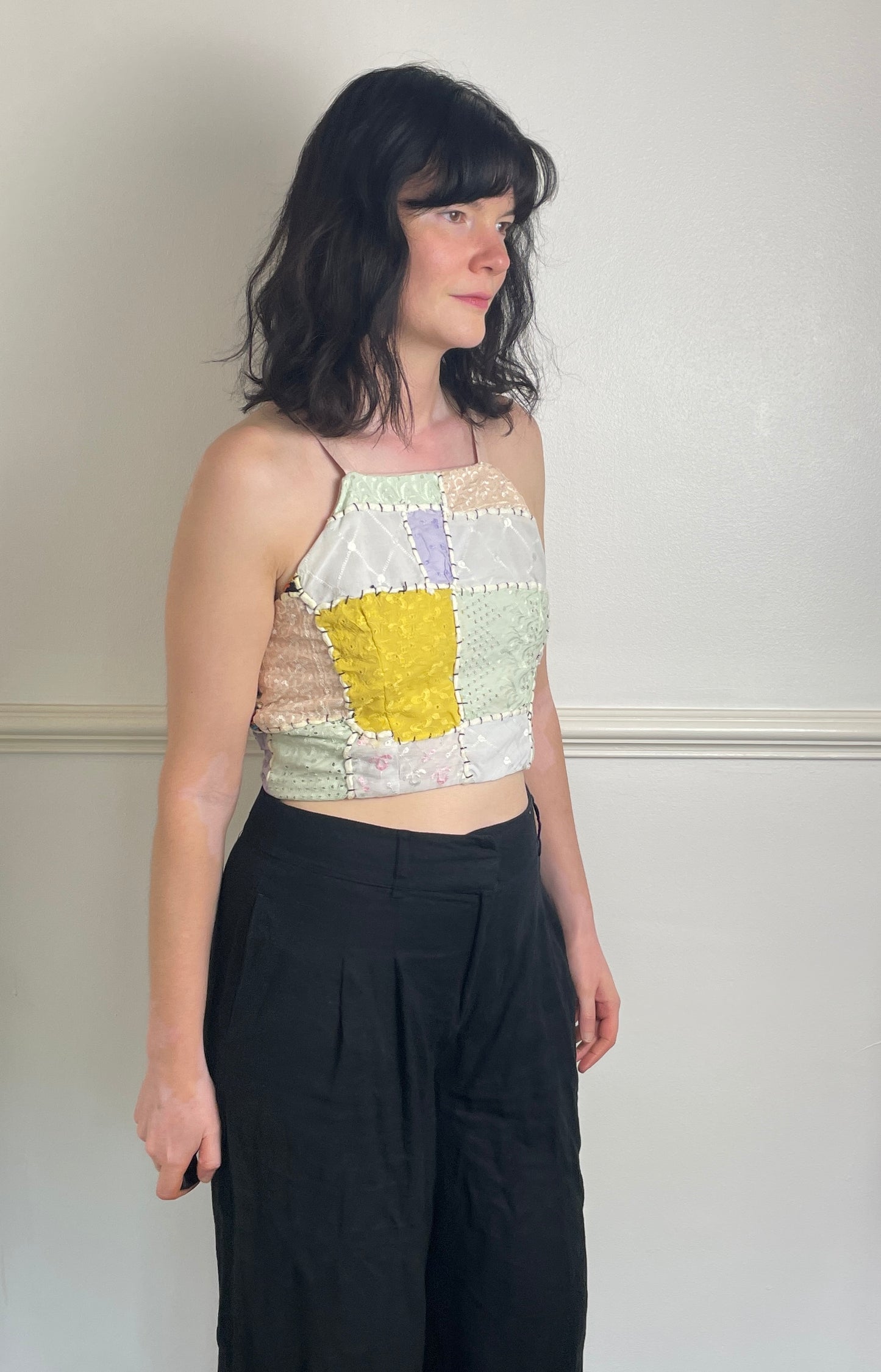 Handmade Pink Patchwork Embroidered Cross Strap Tie Back Crop - Size 8