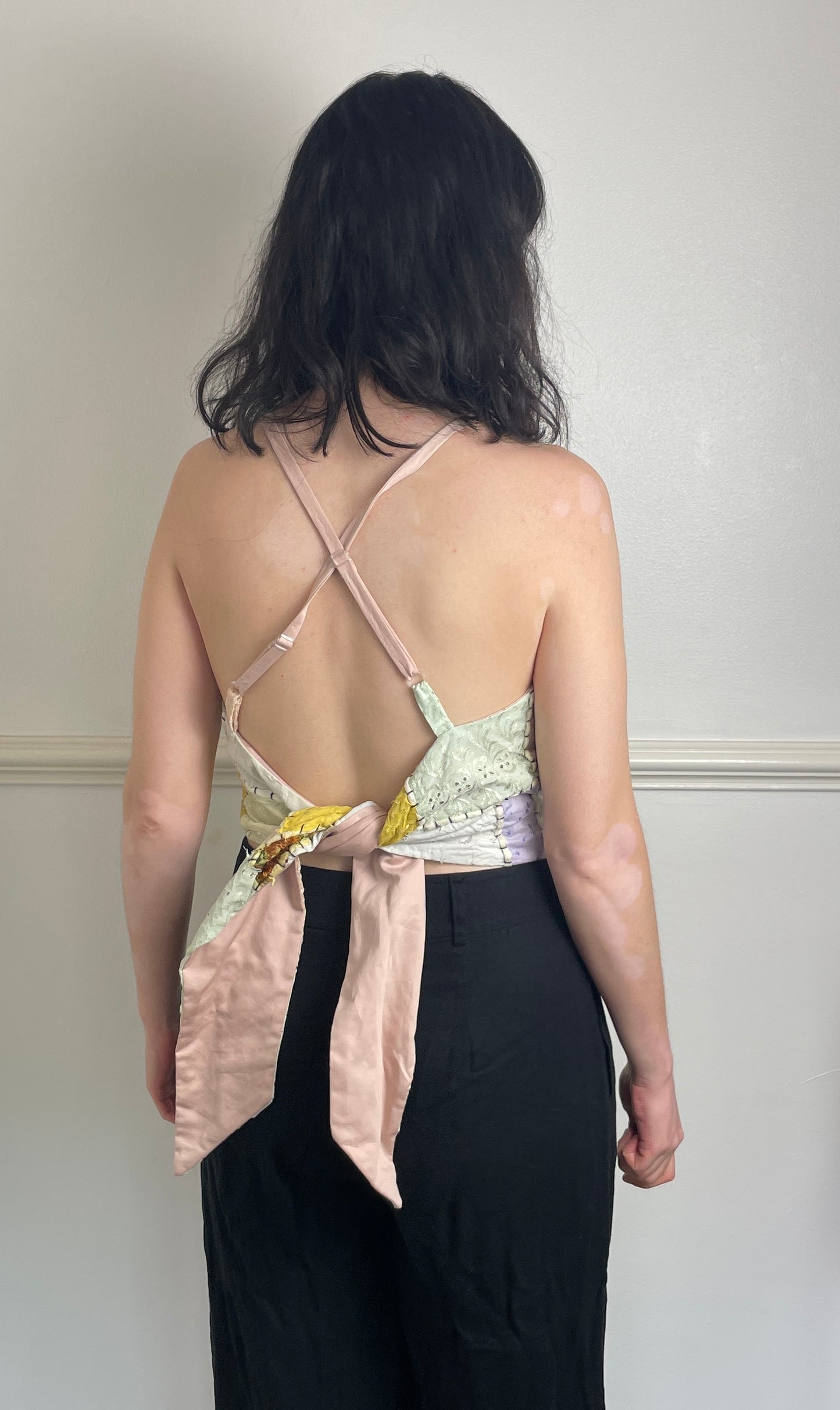Handmade Pink Patchwork Embroidered Cross Strap Tie Back Crop - Size 8