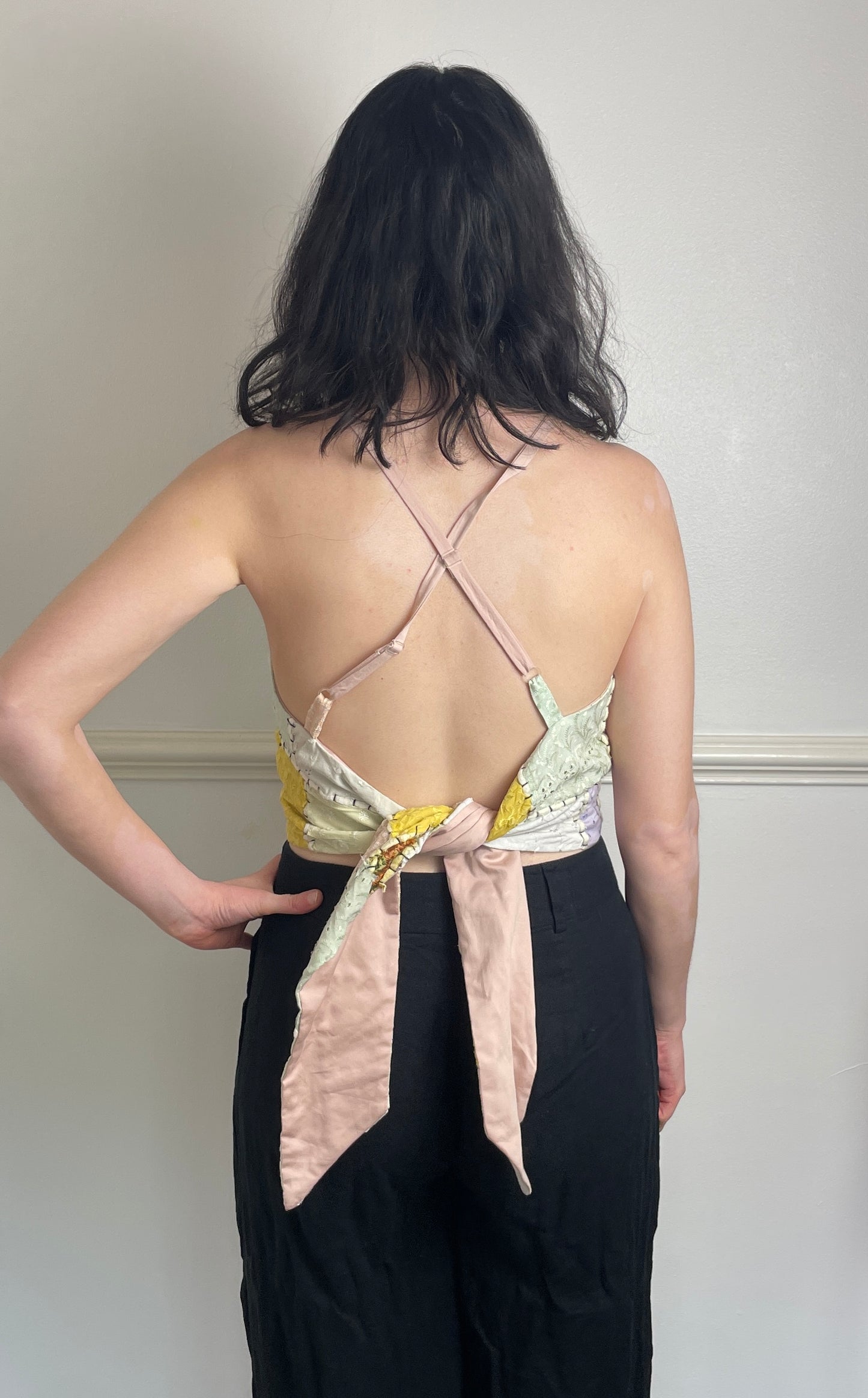 Handmade Pink Patchwork Embroidered Cross Strap Tie Back Crop - Size 8