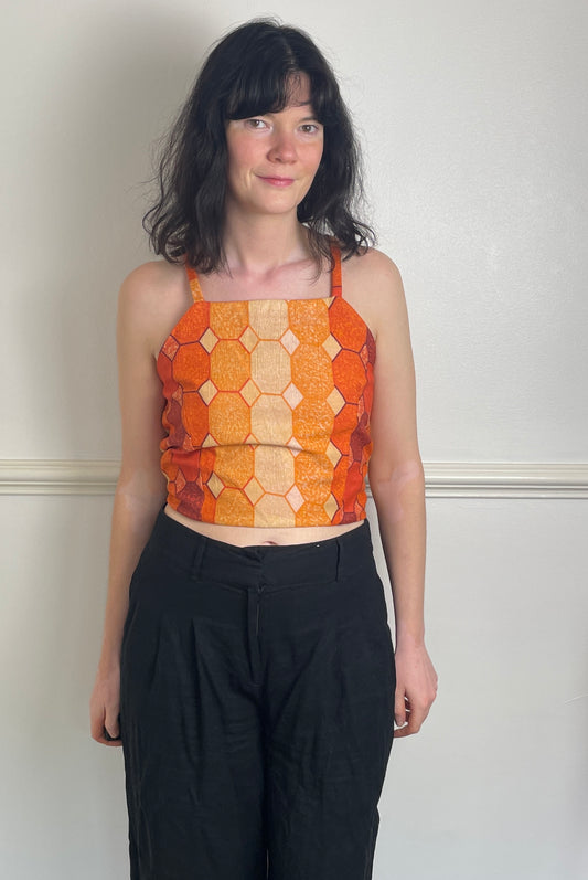 Handmade Orange Geometric Cross Strap Tie Back Crop Top - Size 12