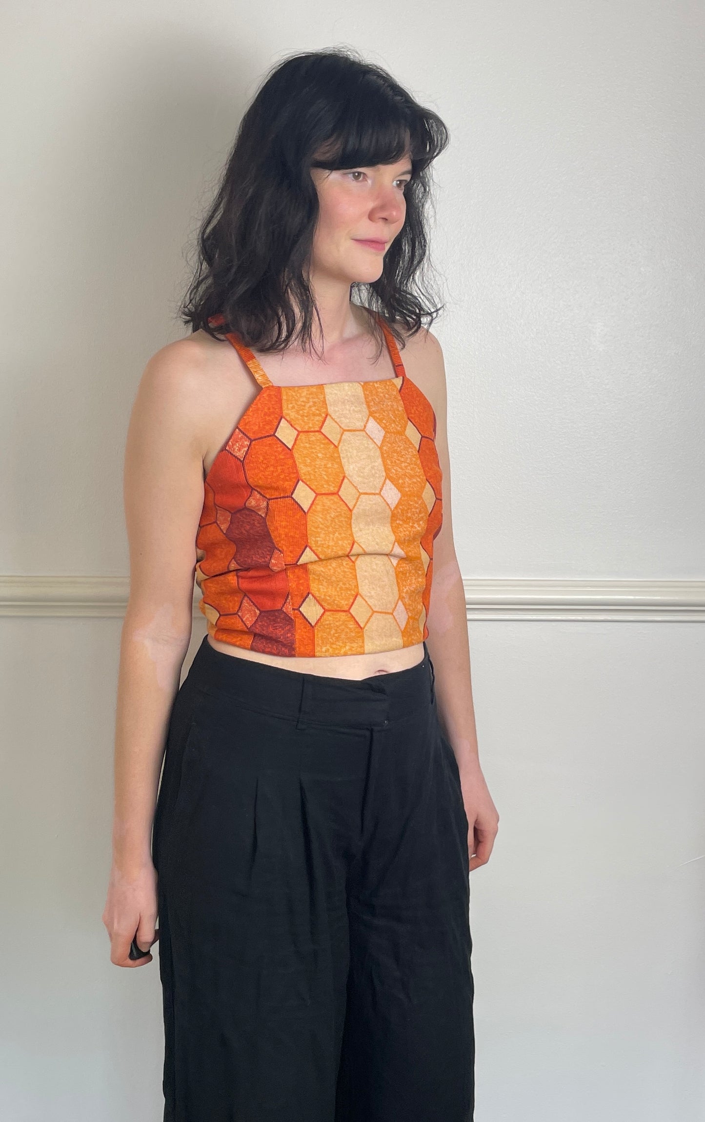 Handmade Orange Geometric Cross Strap Tie Back Crop Top - Size 12