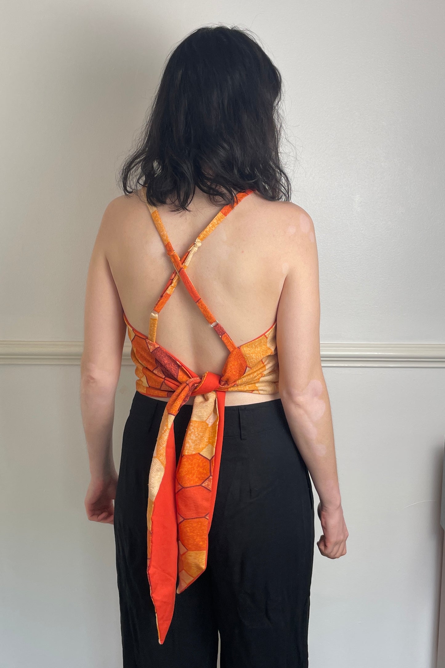 Handmade Orange Geometric Cross Strap Tie Back Crop Top - Size 12