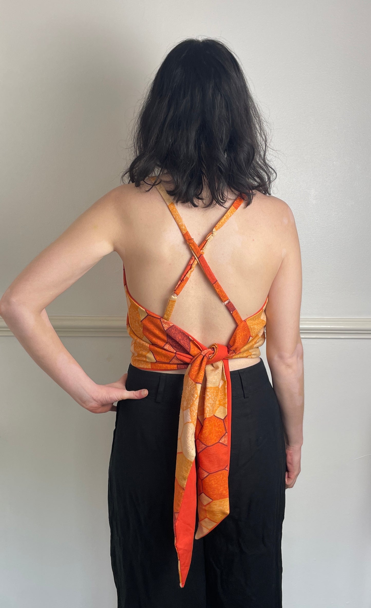 Handmade Orange Geometric Cross Strap Tie Back Crop Top - Size 12