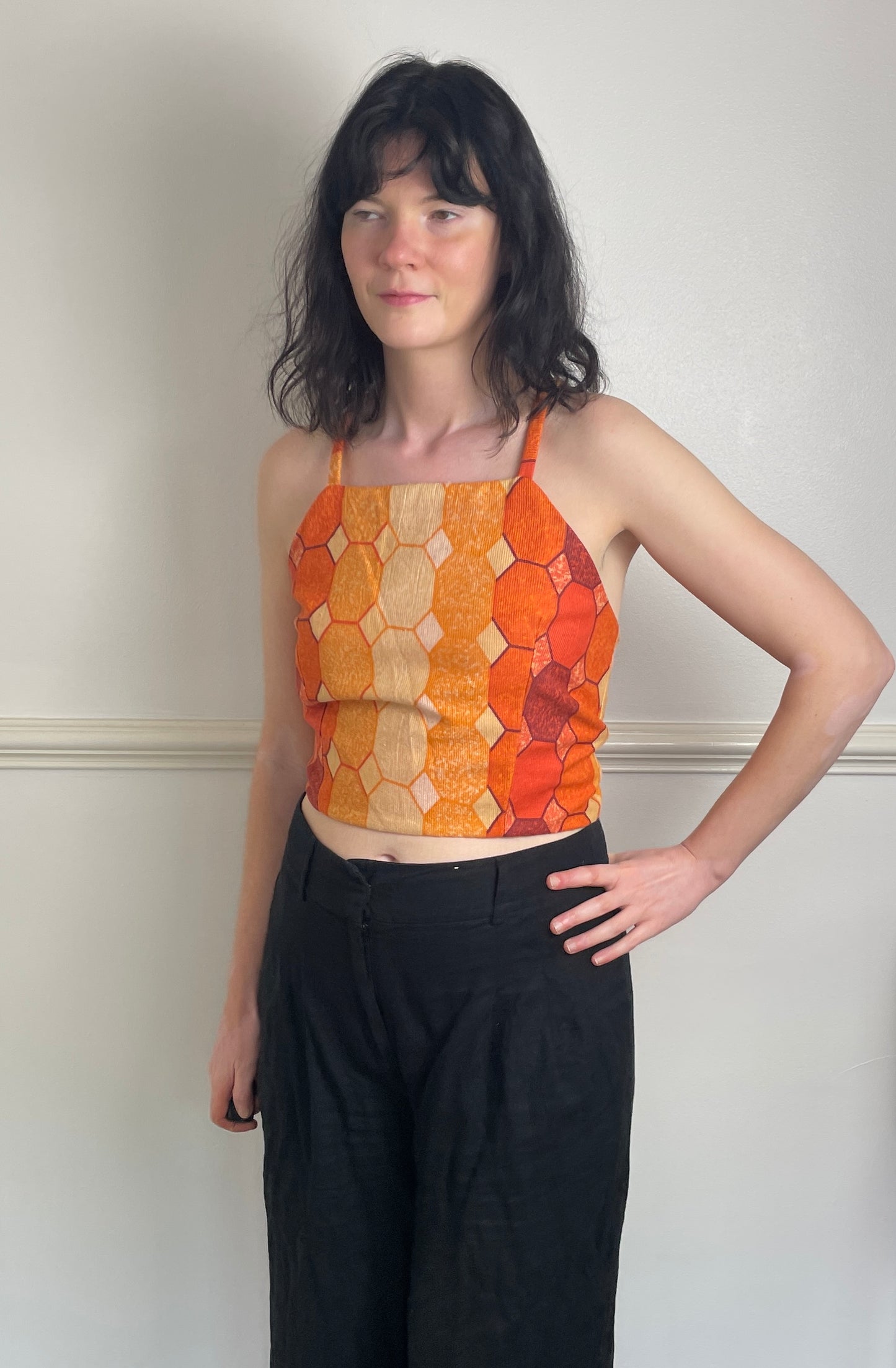 Handmade Orange Geometric Cross Strap Tie Back Crop Top - Size 12