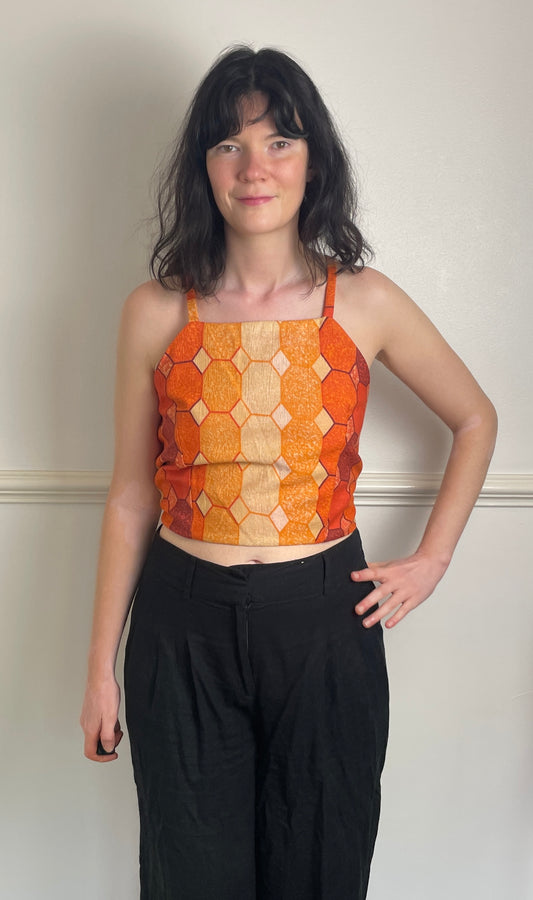 Handmade Orange Geometric Cross Strap Tie Back Crop Top - Size 12