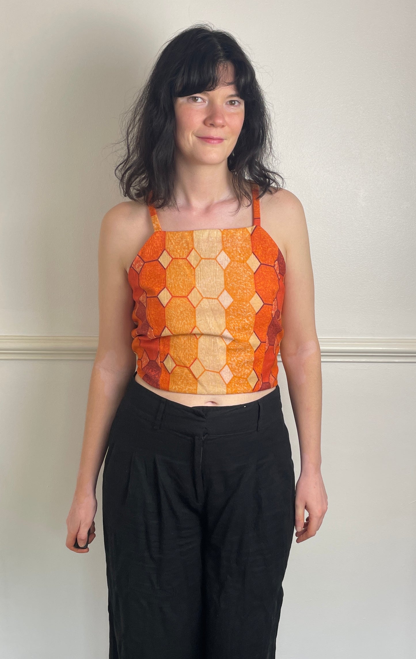 Handmade Orange Geometric Cross Strap Tie Back Crop Top - Size 12