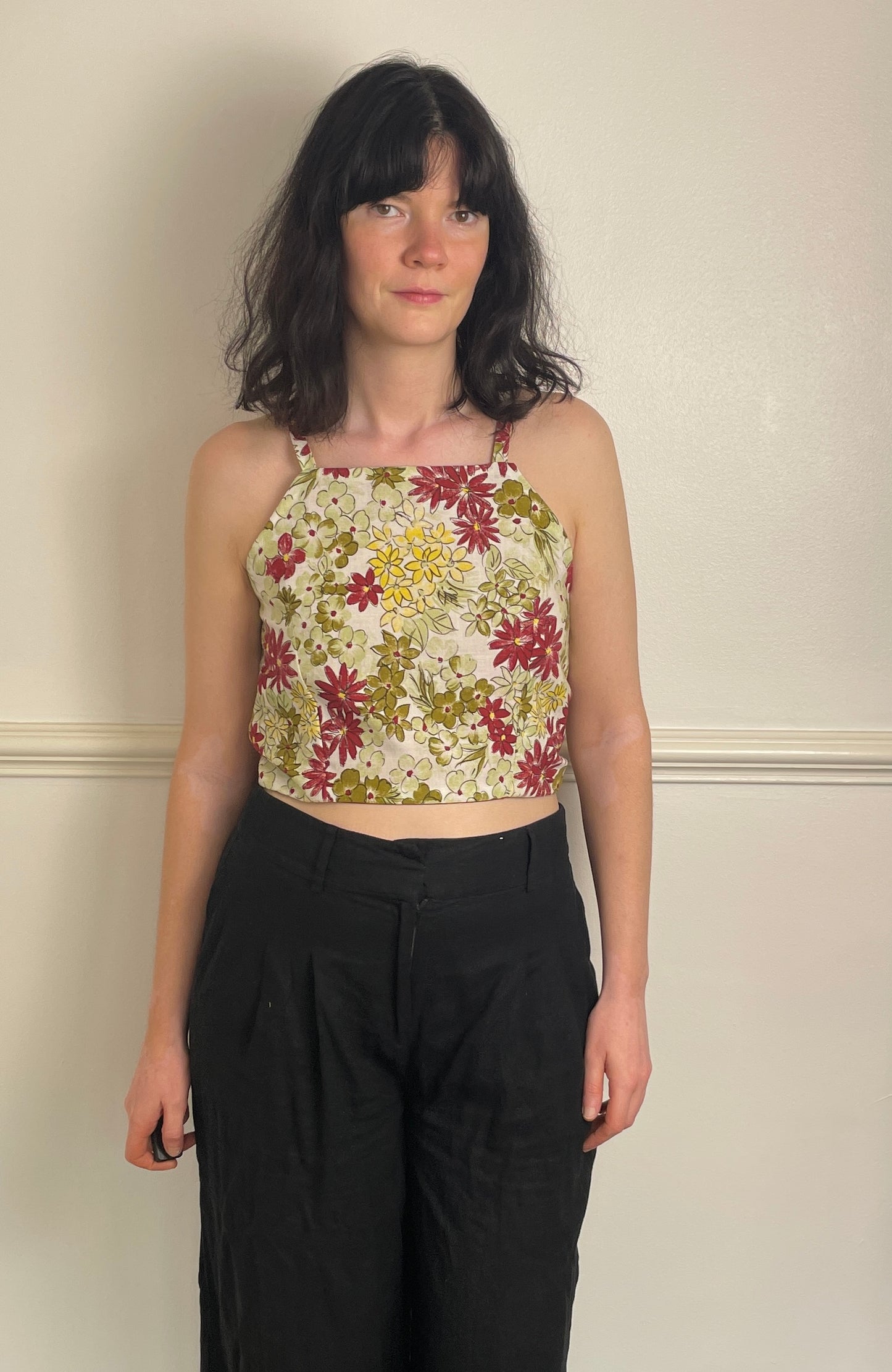 Handmade Green Floral Cross Strap Tie Back Crop Top - Size 10