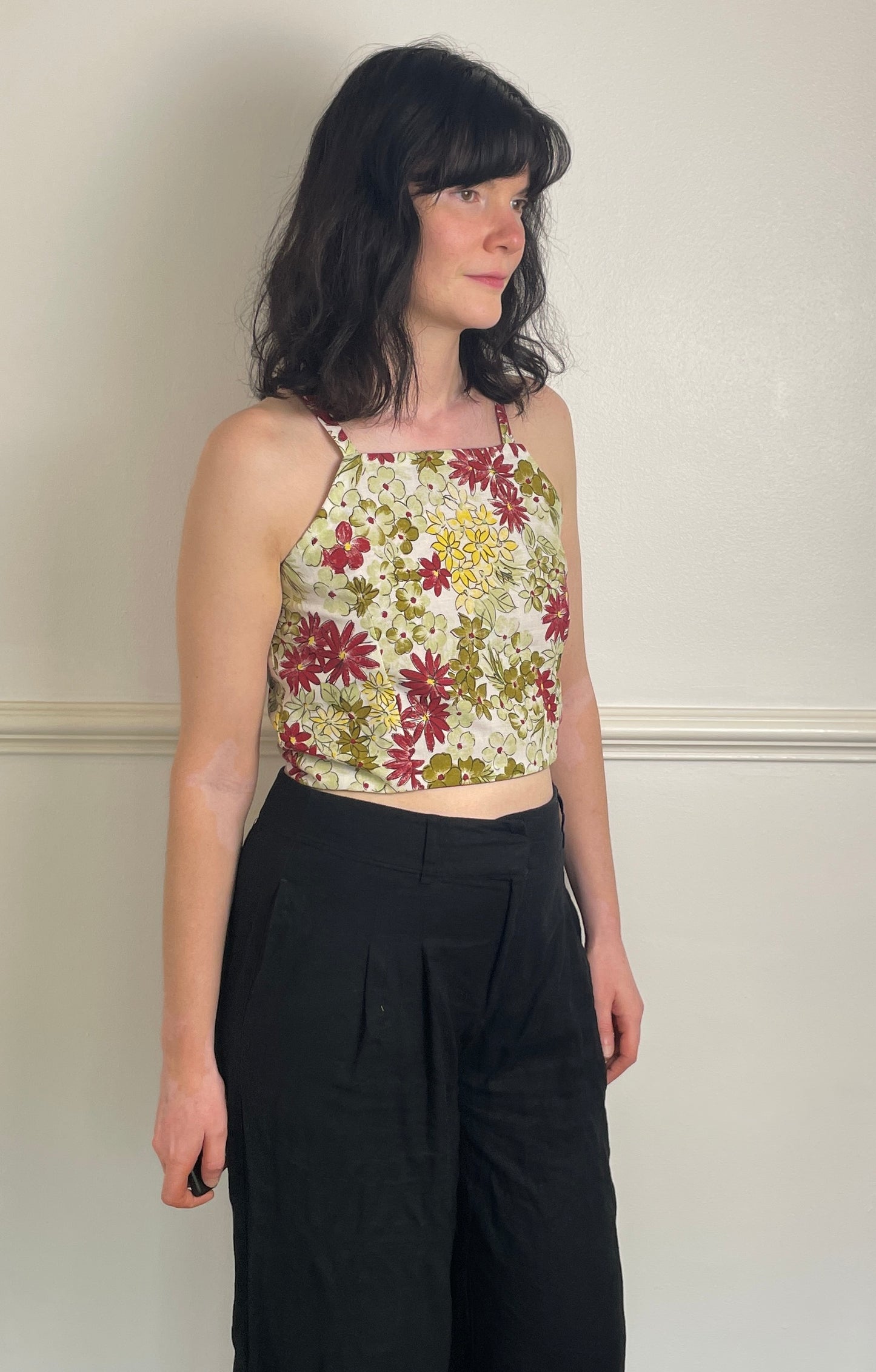 Handmade Green Floral Cross Strap Tie Back Crop Top - Size 10