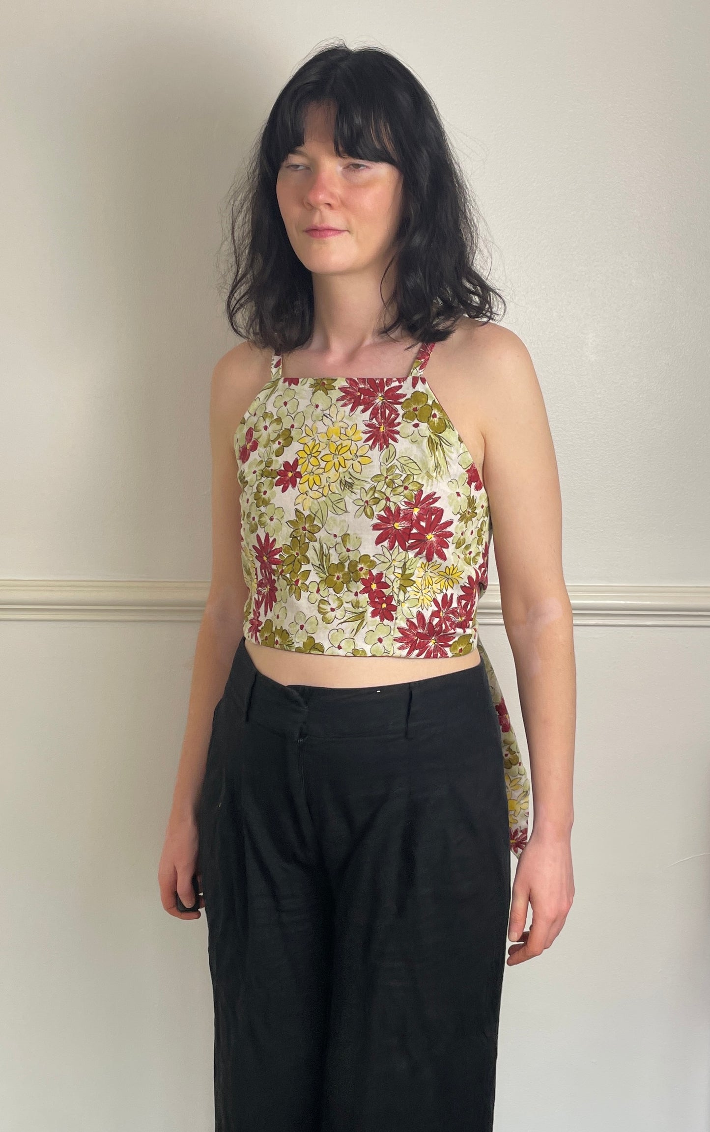 Handmade Green Floral Cross Strap Tie Back Crop Top - Size 10