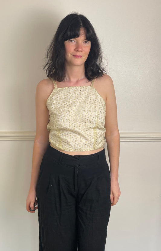 Handmade White Floral Embroidered Organza Cross Strap Tie Back Crop Top - Size 12