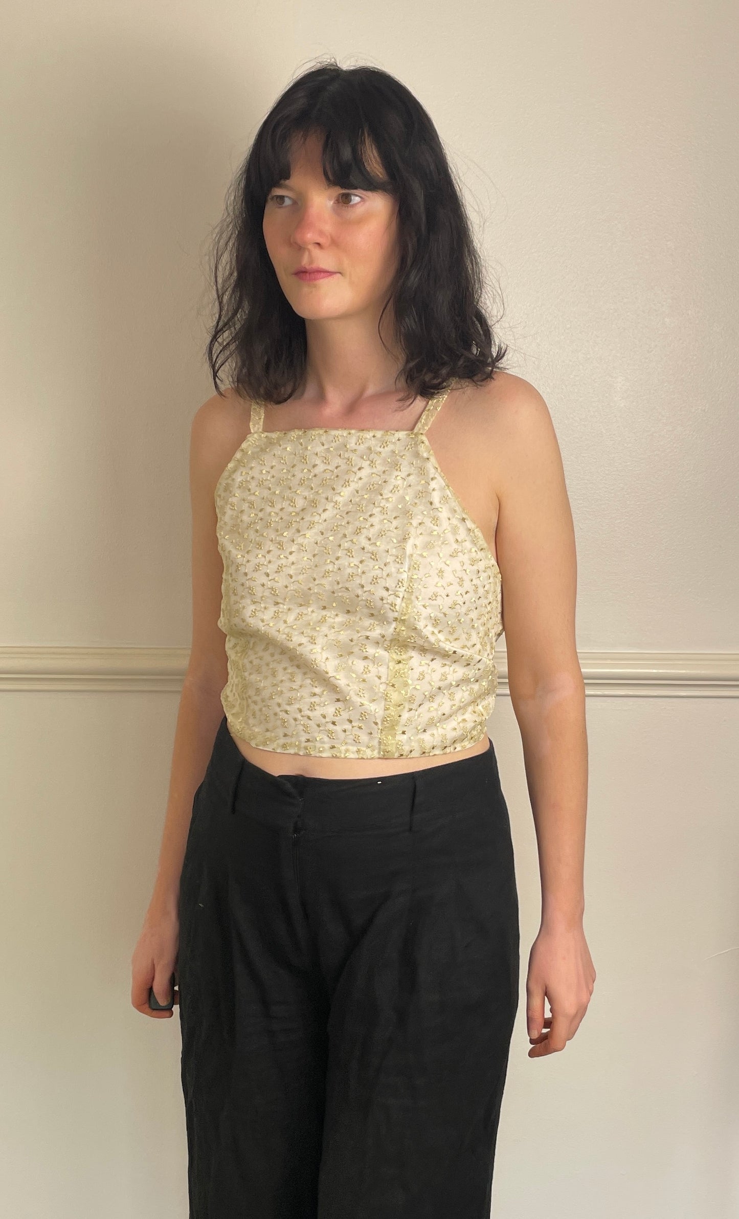 Handmade White Floral Embroidered Organza Cross Strap Tie Back Crop Top - Size 12