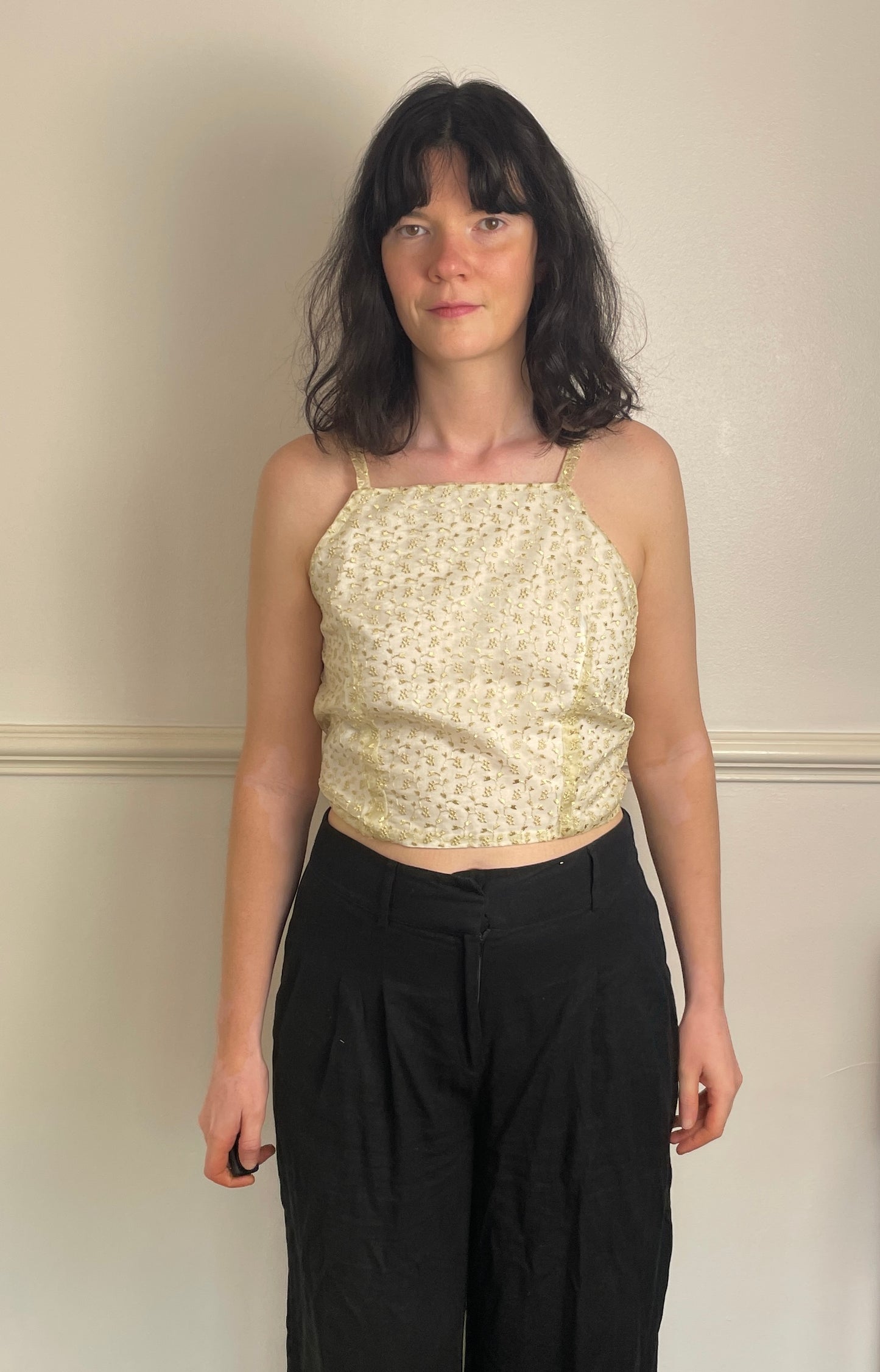 Handmade White Floral Embroidered Organza Cross Strap Tie Back Crop Top - Size 12