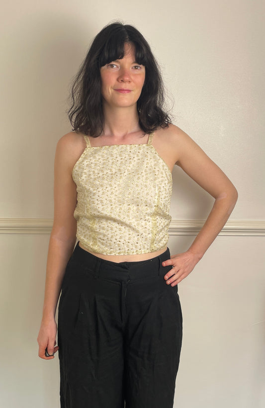 Handmade White Floral Embroidered Organza Cross Strap Tie Back Crop Top - Size 12