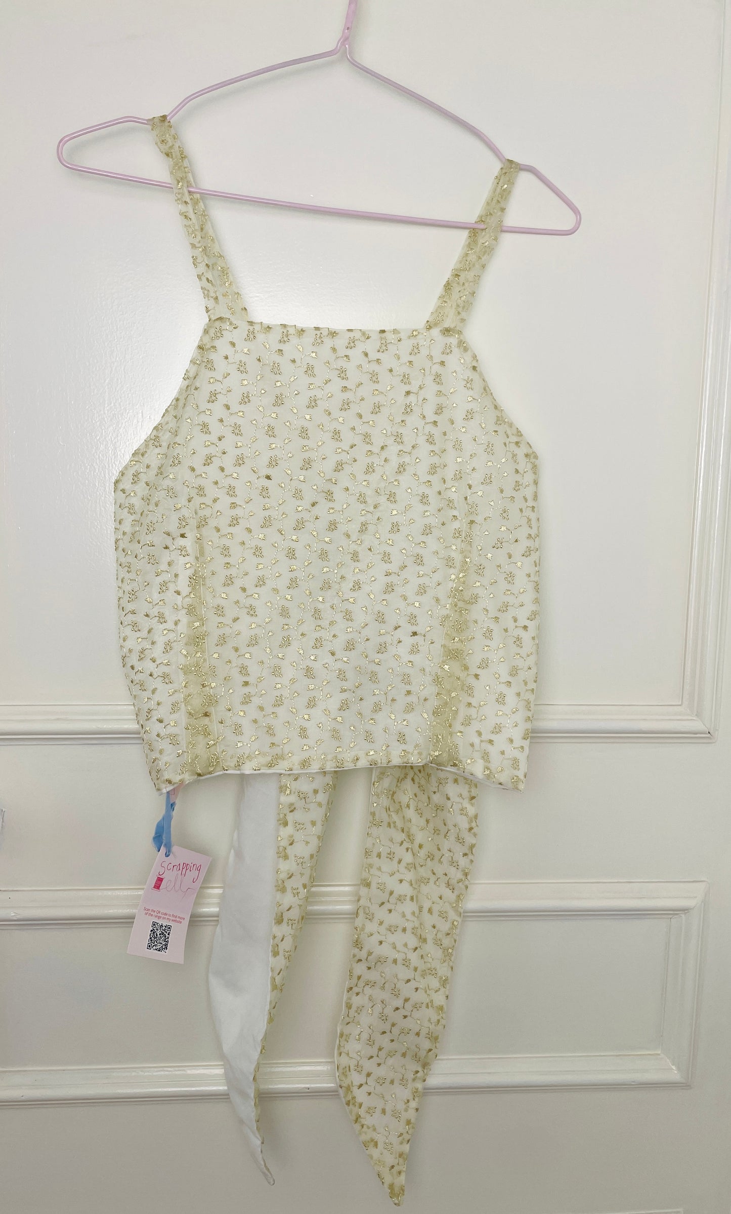 Handmade White Floral Embroidered Organza Cross Strap Tie Back Crop Top - Size 12