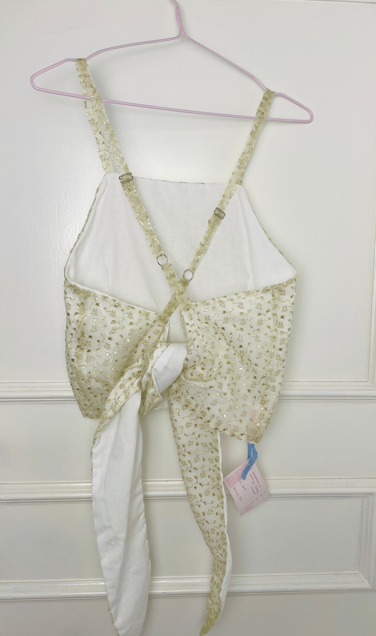 Handmade White Floral Embroidered Organza Cross Strap Tie Back Crop Top - Size 12
