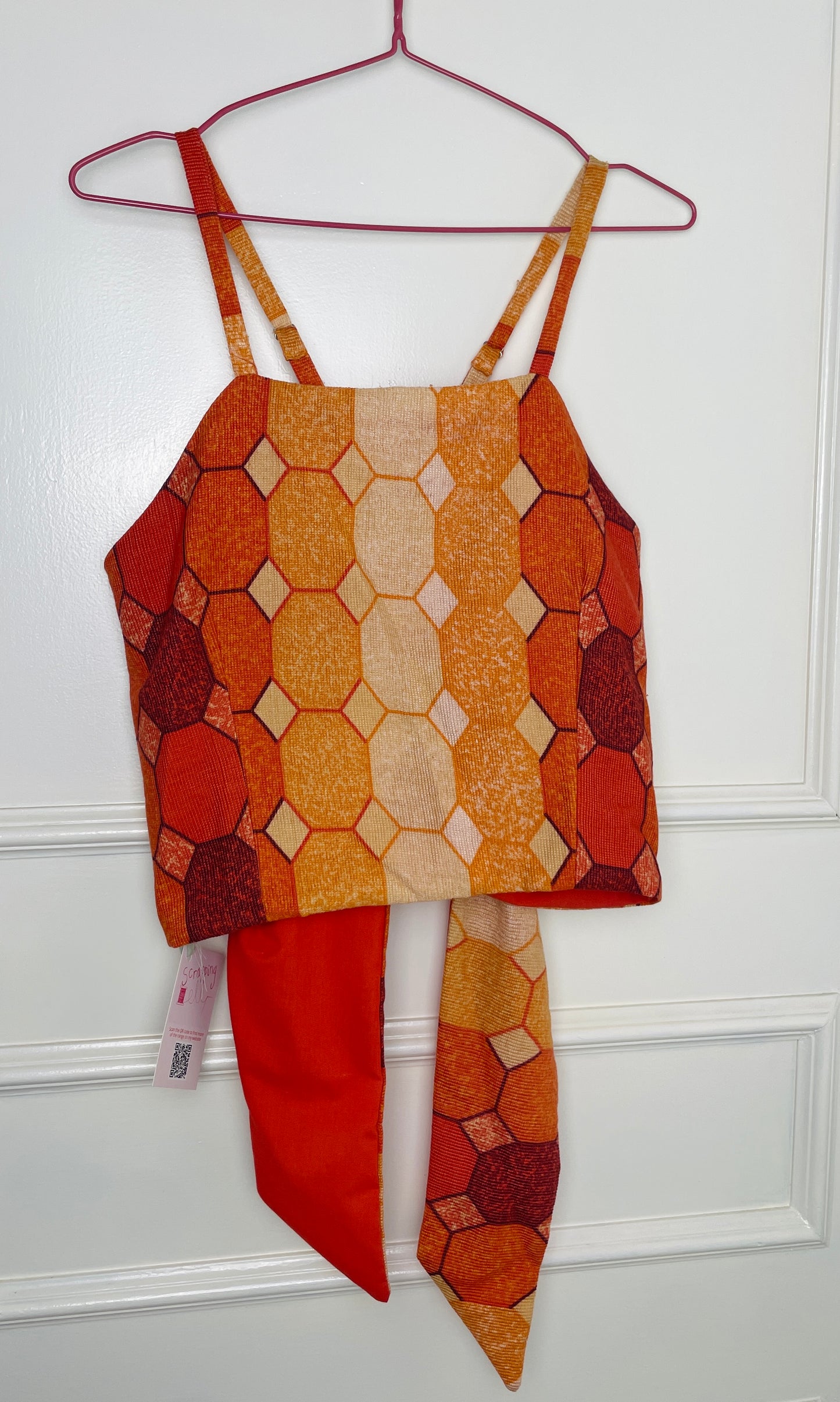 Handmade Orange Geometric Cross Strap Tie Back Crop Top - Size 12
