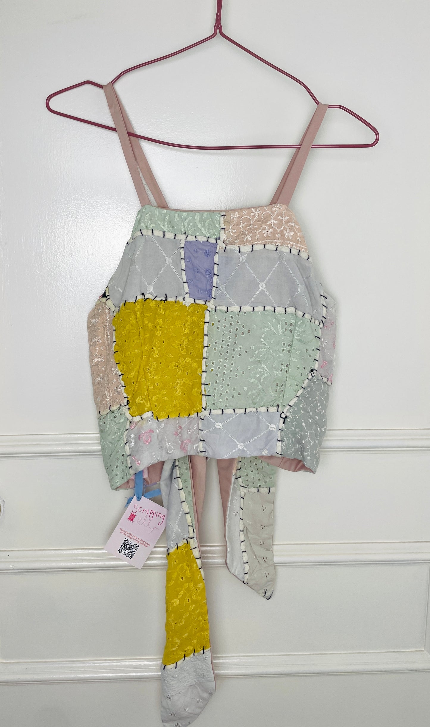 Handmade Pink Patchwork Embroidered Cross Strap Tie Back Crop - Size 8