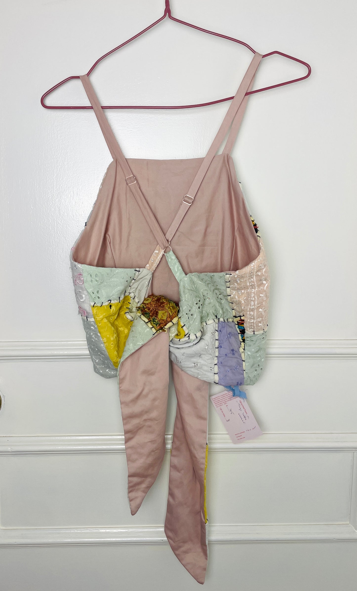 Handmade Pink Patchwork Embroidered Cross Strap Tie Back Crop - Size 8