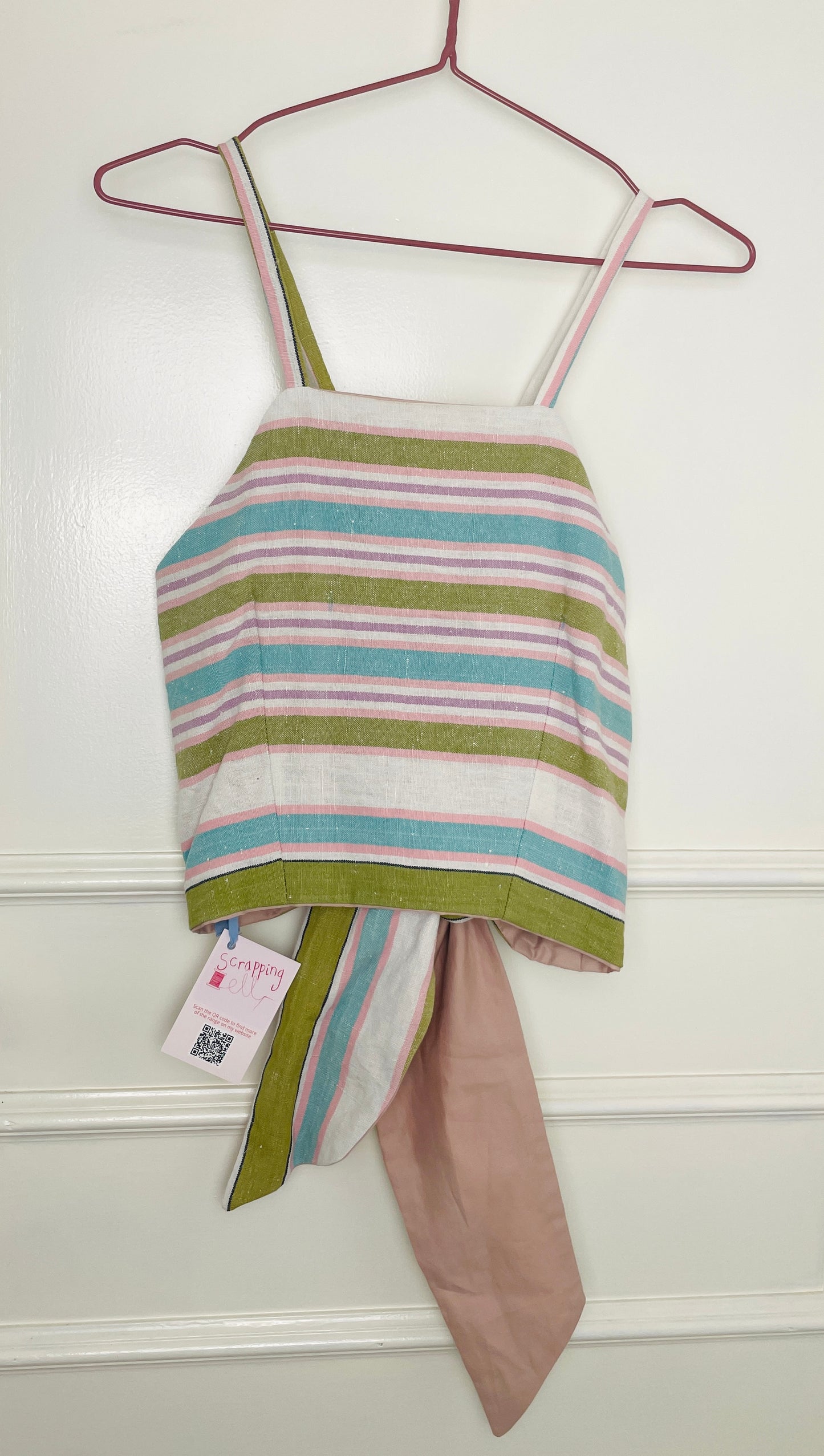 Handmade Pink Striped Cross Strap Tie Back Crop Top - Size 8