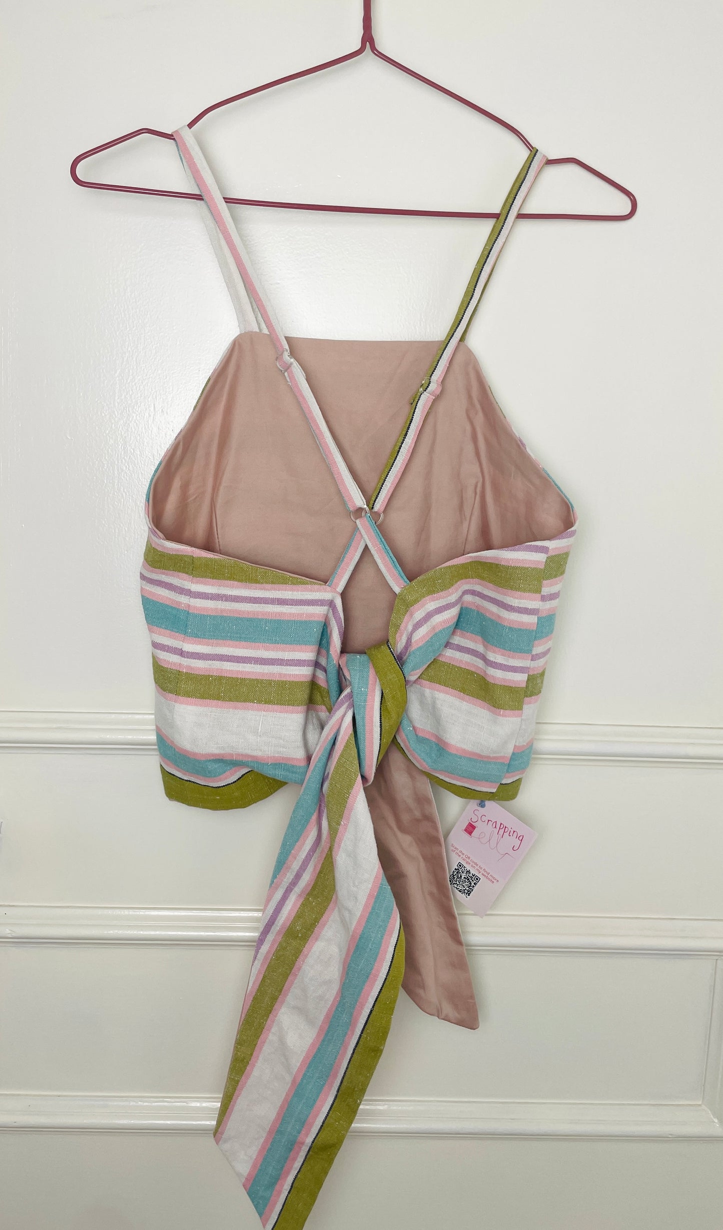 Handmade Pink Striped Cross Strap Tie Back Crop Top - Size 8