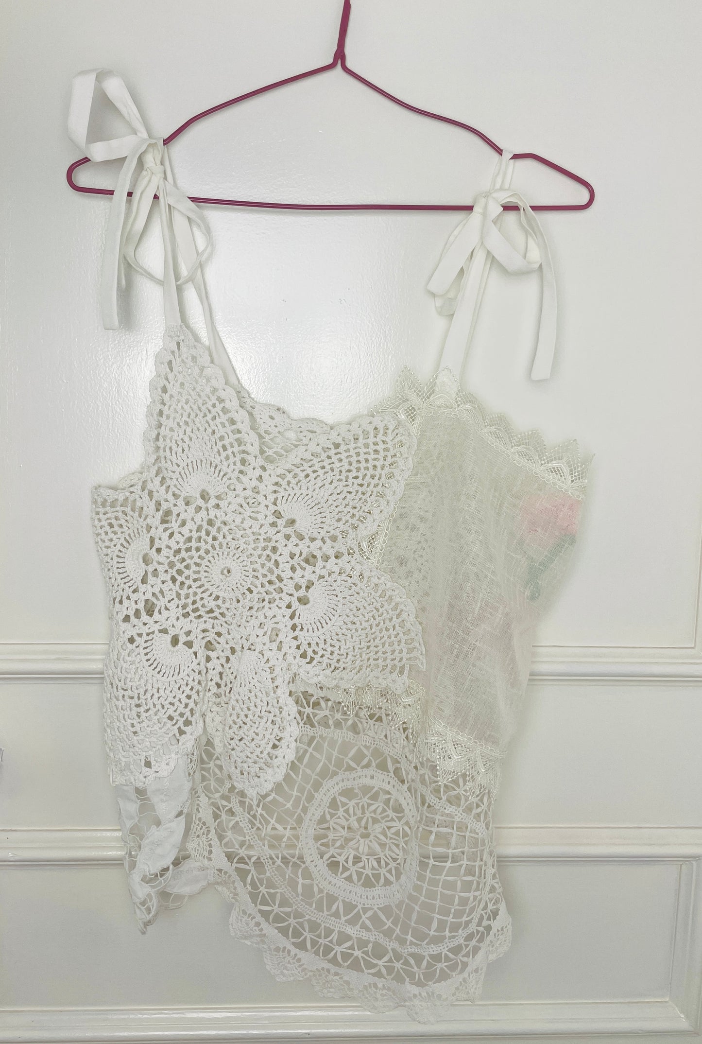Handmade White Patchwork Crochet and Lace Tie Shoulder Sleeveless Top - Size 10