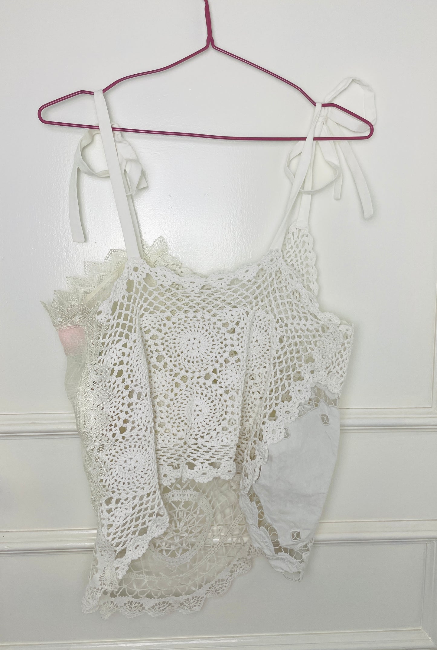 Handmade White Patchwork Crochet and Lace Tie Shoulder Sleeveless Top - Size 10