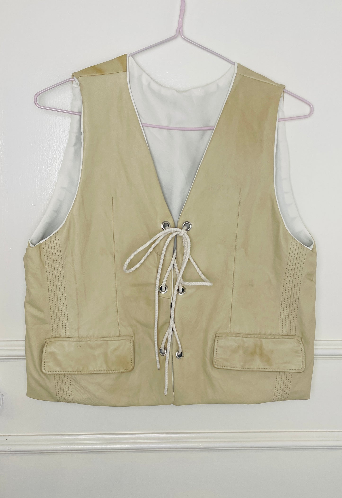 Handmade Beige Leather Lace Up Sleeveless Vest Top - Size 10
