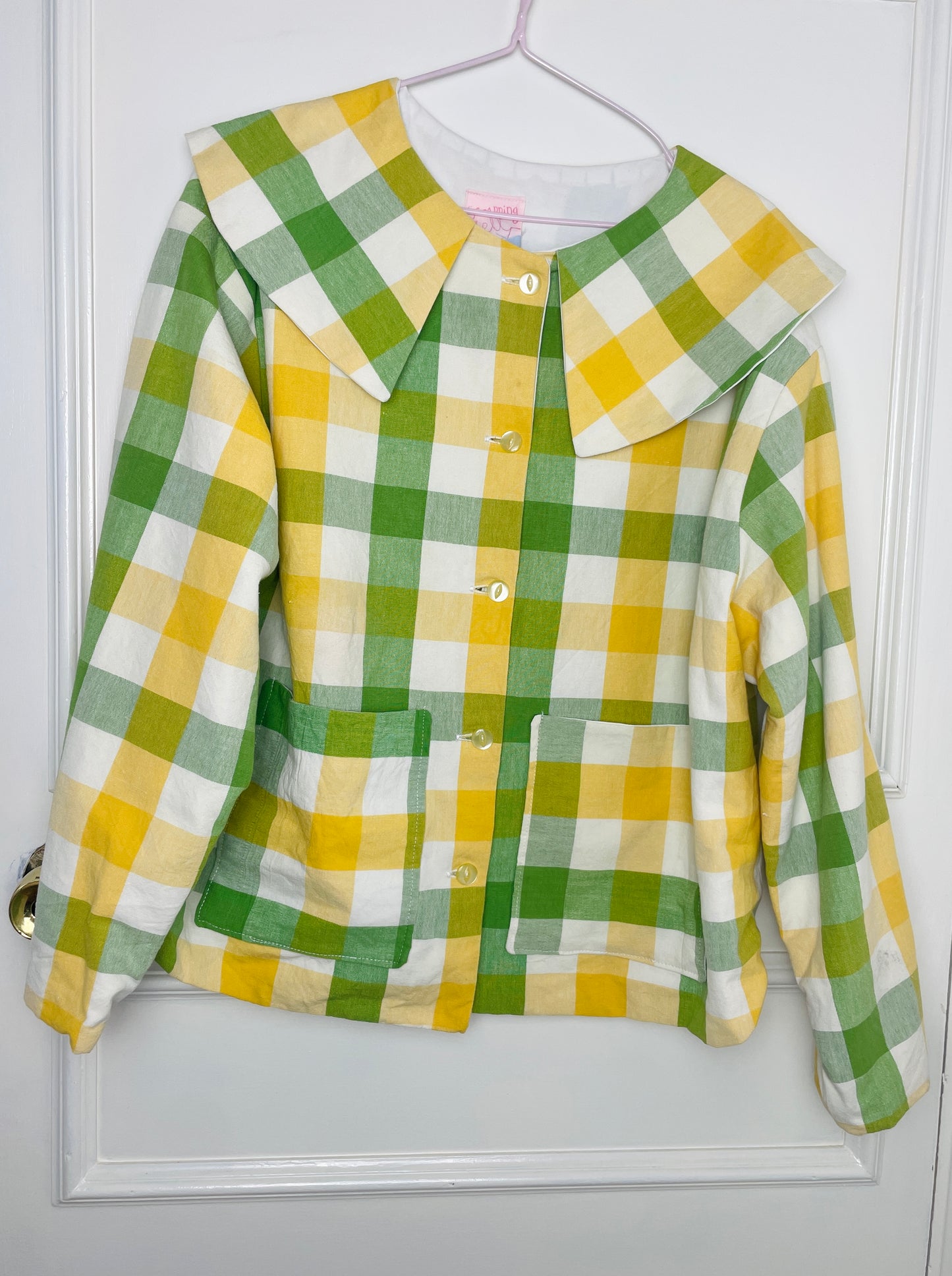 Handmade Green and Yellow Checked Large Collar Jacket - Size 16