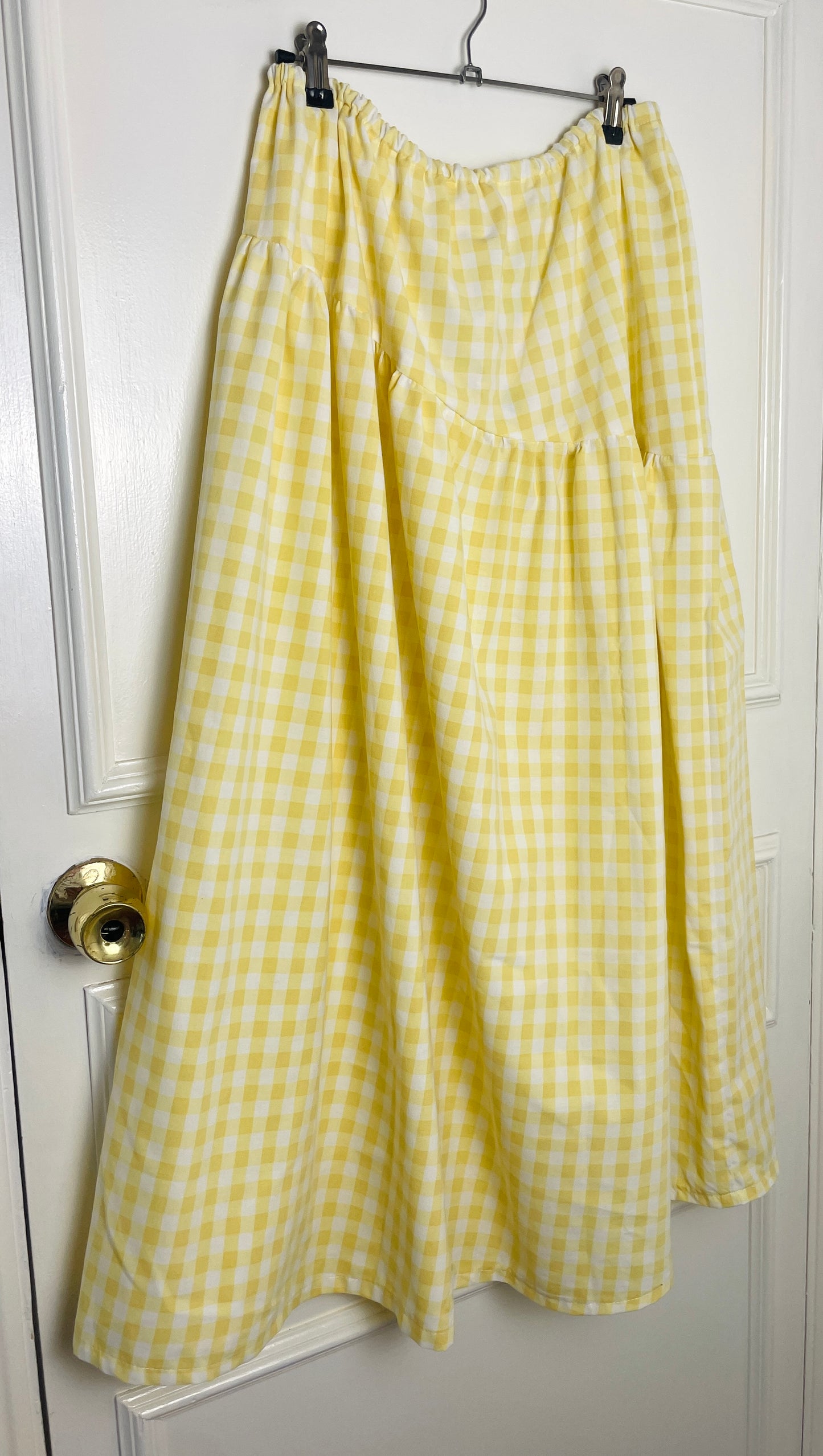 Handmade Yellow Gingham Tiered Elastic Waist Maxi Skirt - Size 12